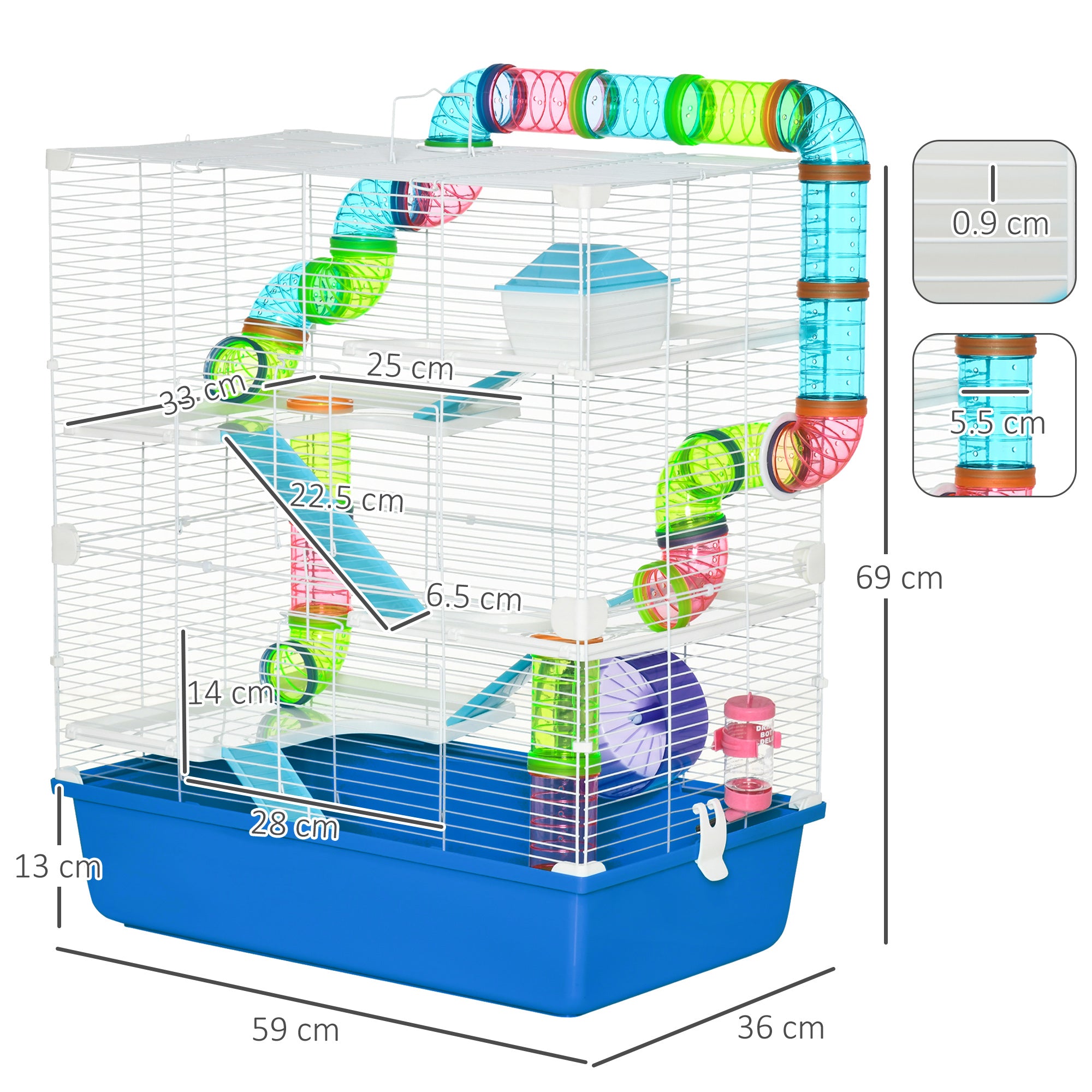 5 Tier Hamster Cage, Gerbil Cage with Tube, Water Bottle, Exercise Wheel, Food Dish, 59L x 36W x 69H cm - Blue