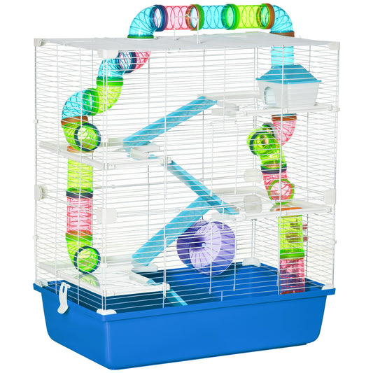 Hamster Cage, Large Small Animal House, 5-Level Guinea Pig Cage Gerbil Haven, Tunnel Tube System, with Water Bottle, Exercise Wheel, Food Dish, Ramps, Blue