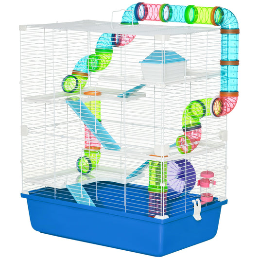 Hamster Cage, Large Small Animal House, 5-Level Guinea Pig Cage Gerbil Haven, Tunnel Tube System, with Water Bottle, Exercise Wheel, Food Dish, Ramps, Blue
