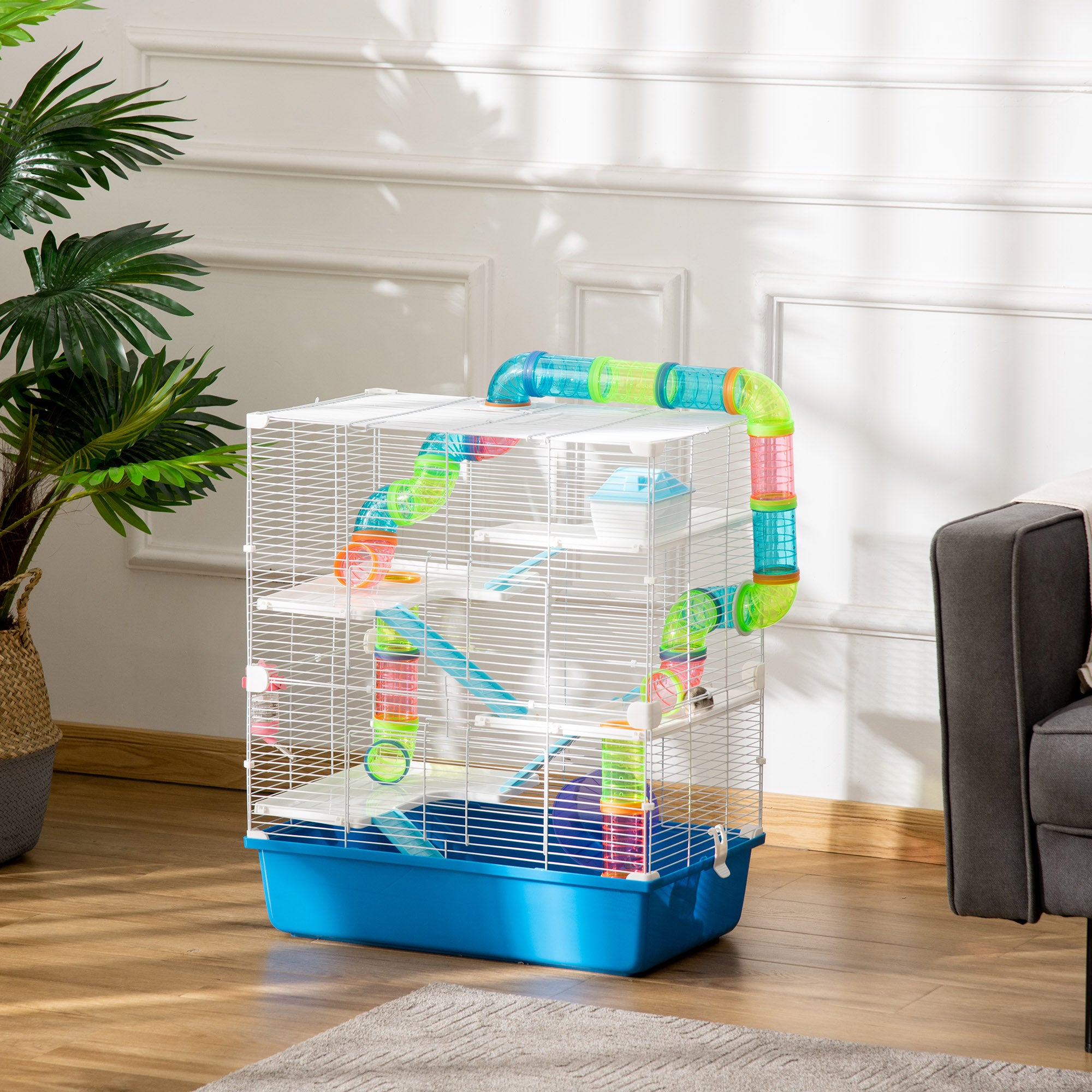 Hamster Cage, Large Small Animal House, 5-Level Guinea Pig Cage Gerbil Haven, Tunnel Tube System, with Water Bottle, Exercise Wheel, Food Dish, Ramps, Blue