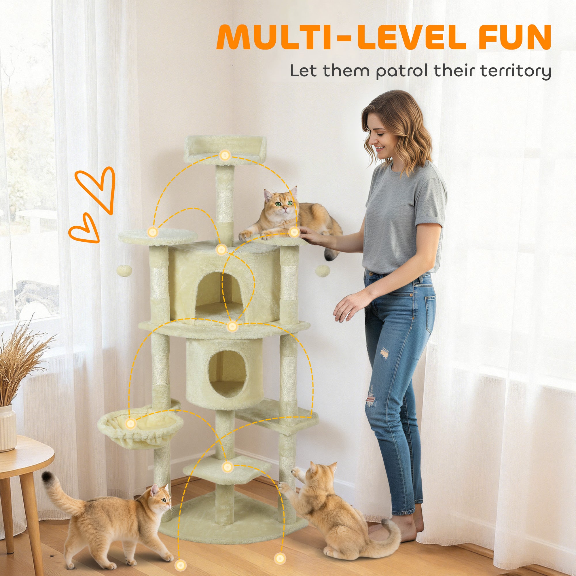 Cat Tree, 62" Multi-Level Cat Tower with Scratching Posts, 2 Condos, Hammock, Perches, Plush, Pompoms, for Indoor Kittens Playing, Resting, Sleeping, Beige