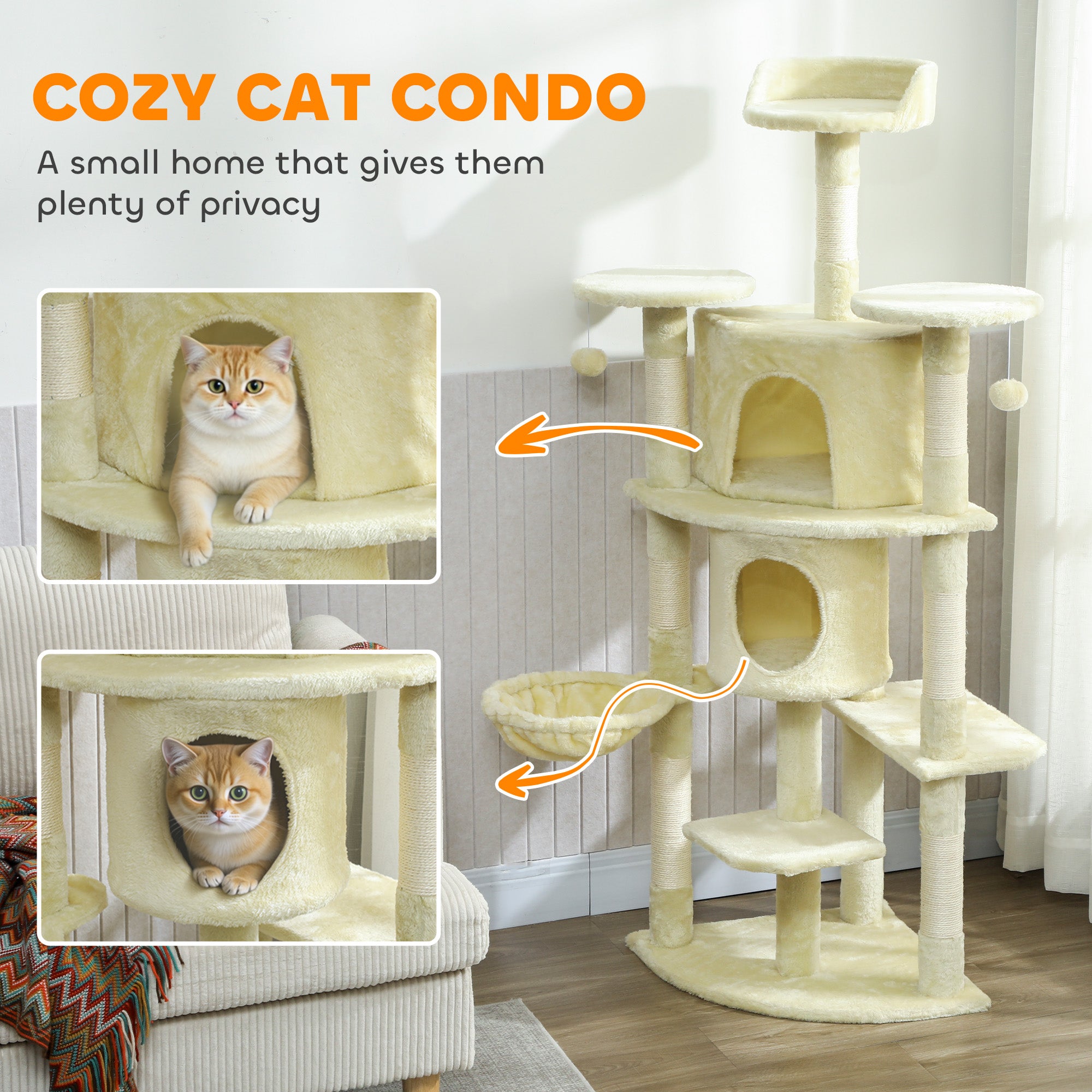 Cat Tree, 62" Multi-Level Cat Tower with Scratching Posts, 2 Condos, Hammock, Perches, Plush, Pompoms, for Indoor Kittens Playing, Resting, Sleeping, Beige