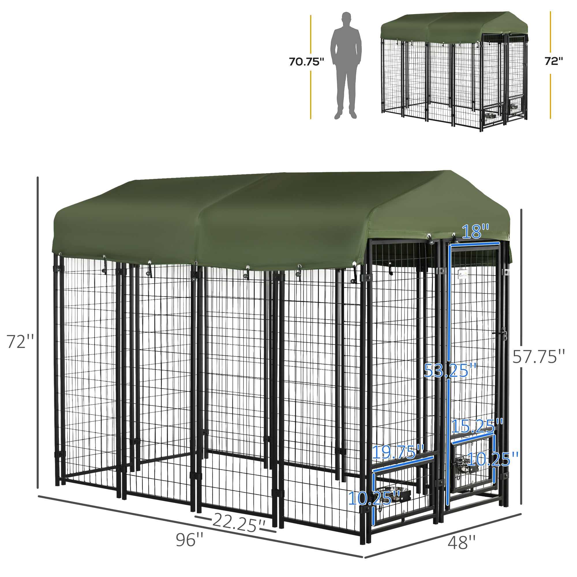 Outdoor Dog Kennel, Run, Large Wire Steel Fence, Lockable Pet Playpen Enclosure, with Water-, UV-Resistant Canopy Top, Door, Rotating Bowl Holders, 8ft x 4ft x 6ft, Green
