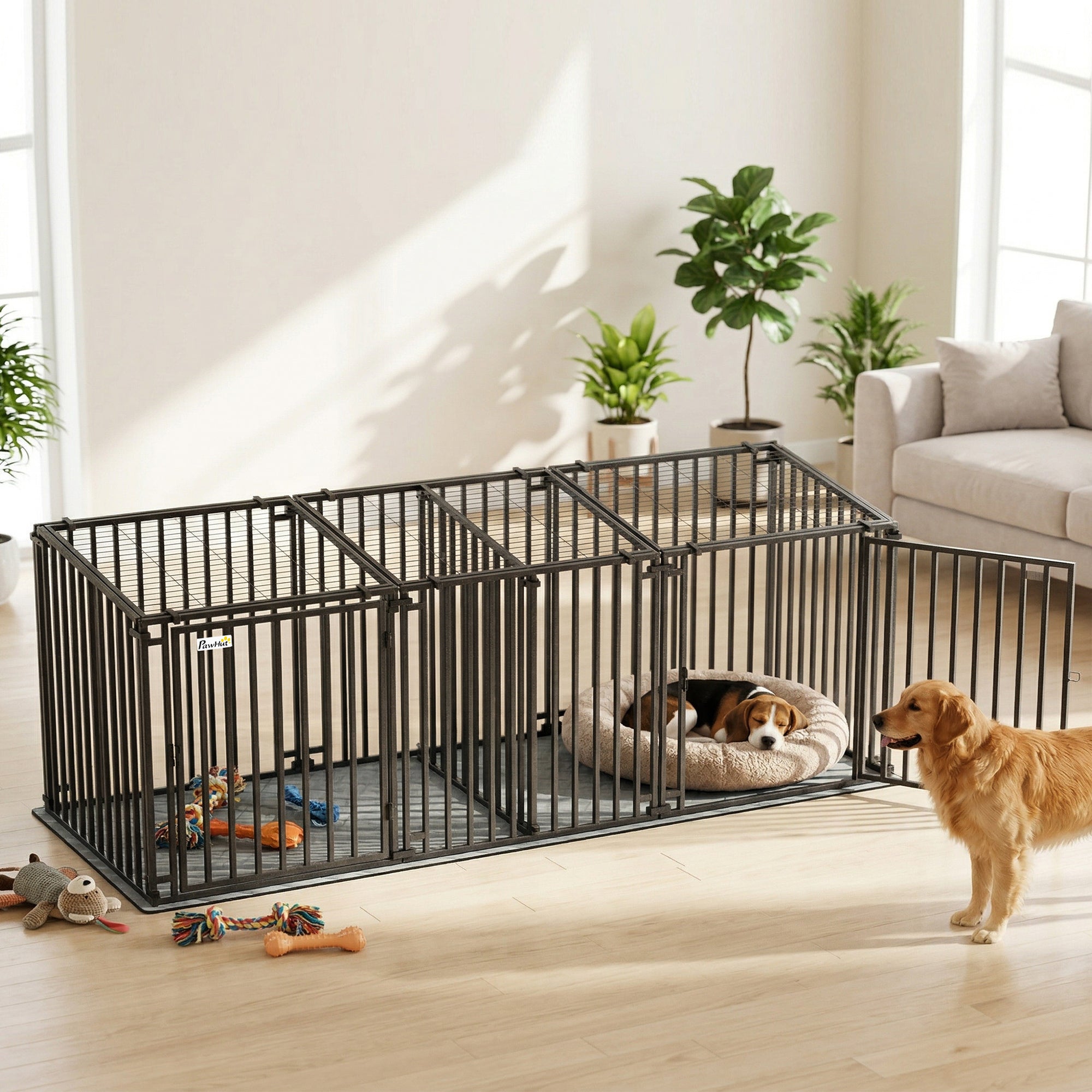 83"L Heavy Duty Dog Crate, Extra Large Metal Dog Cage Kennel with Divider and Mat for Small Medium Large Breeds, Modular Puppy Playpen with Double Doors for Indoor Outdoor, Black