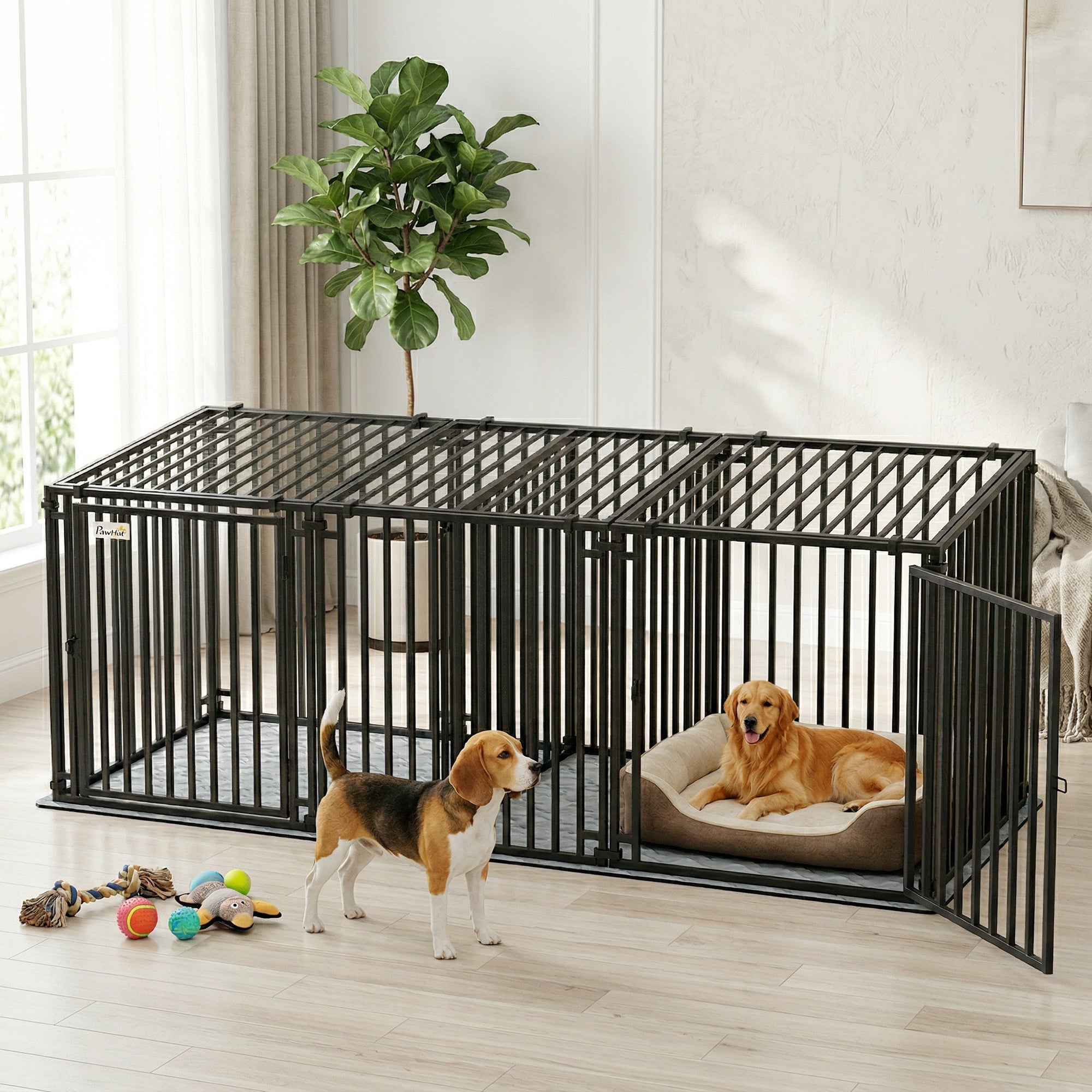 83"L Heavy Duty Dog Crate, Extra Large Metal Dog Cage Kennel with Divider and Mat for Small Medium Large Breeds, Modular Puppy Playpen with Double Doors for Indoor Outdoor, Black