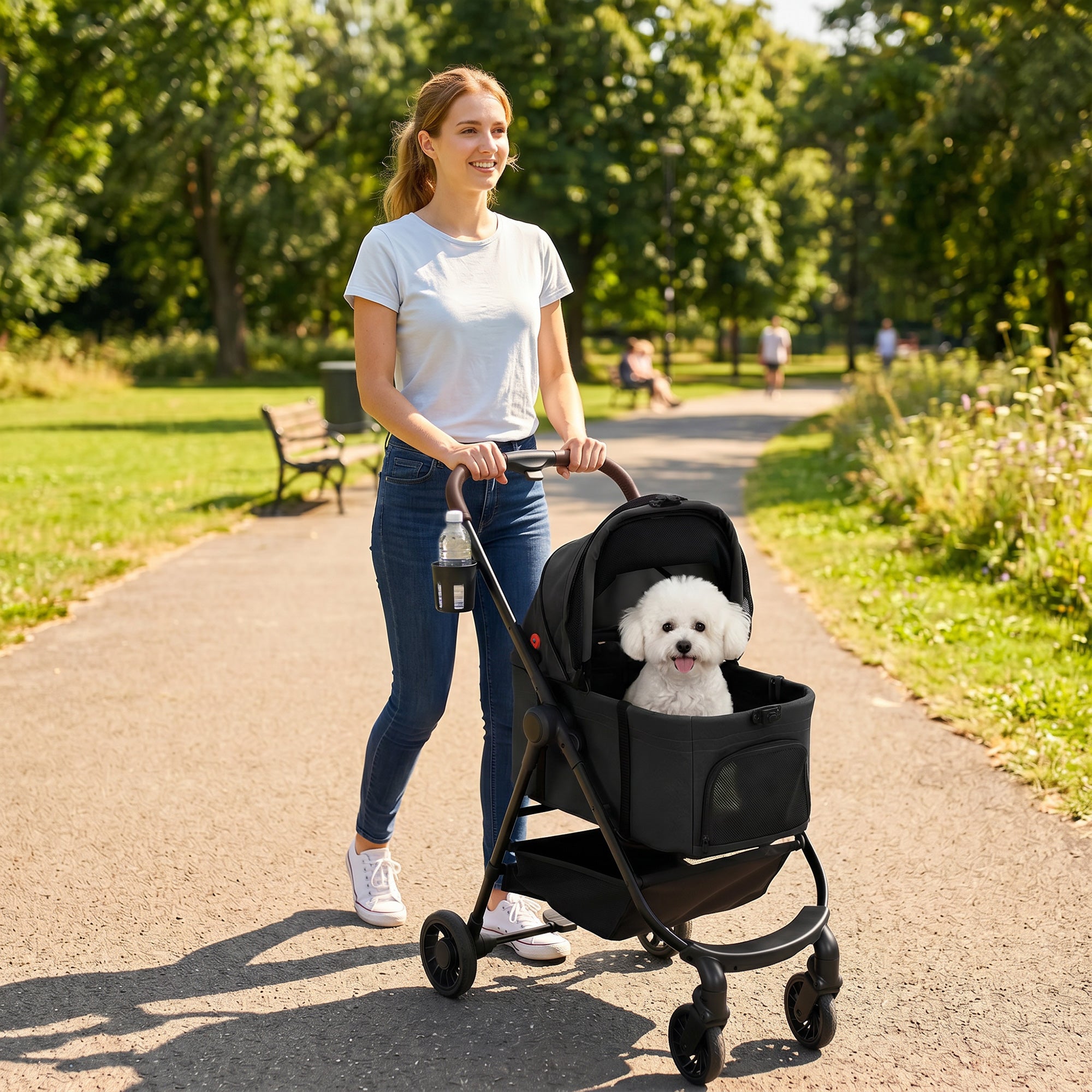 Dog Stroller, 3 in 1 Foldable Pet Stroller for Small Puppy Cat with Detachable Travel Carrier, 4 Wheels Dog Pram with Storage Basket, Seat Leashes, Mesh Window, Black