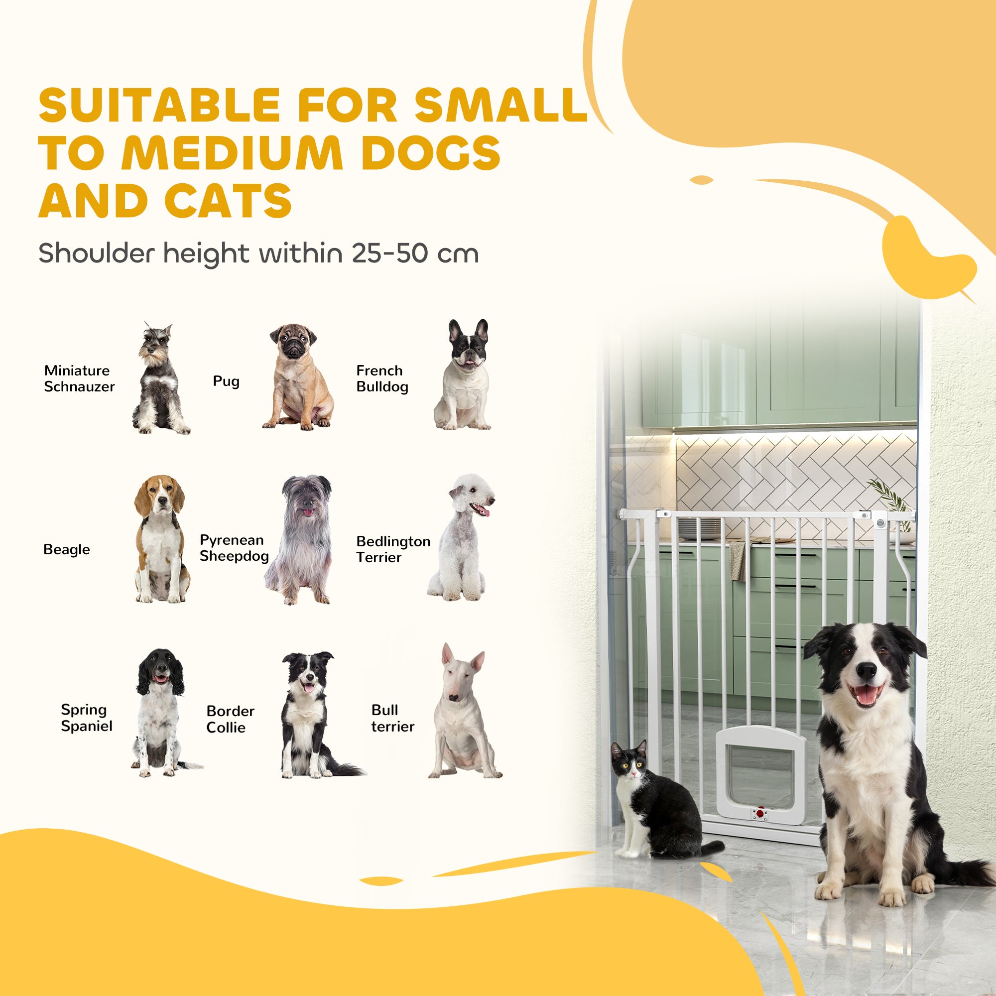 29.5-33.5" Adjustable Dog Gate with Cat Door, Easy-Install Pressure/Hardware Mounted Pet Gate for Doorways and Hallways, White