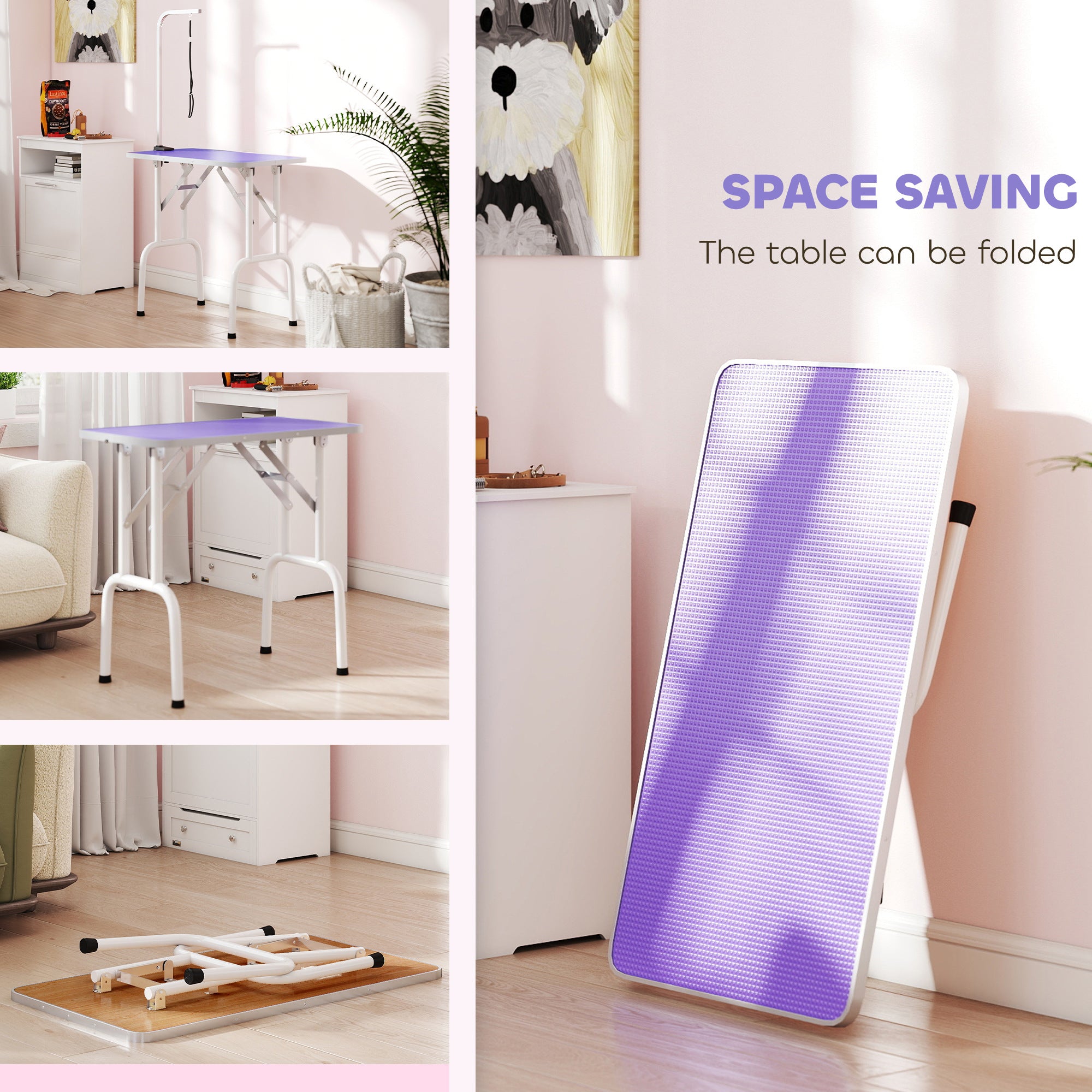 32in Foldable Dog Grooming Table for Small Medium Dogs, Pet Grooming Table for Cats Puppies with Adjustable Arm, Noose and Non-Slip Surface, Purple
