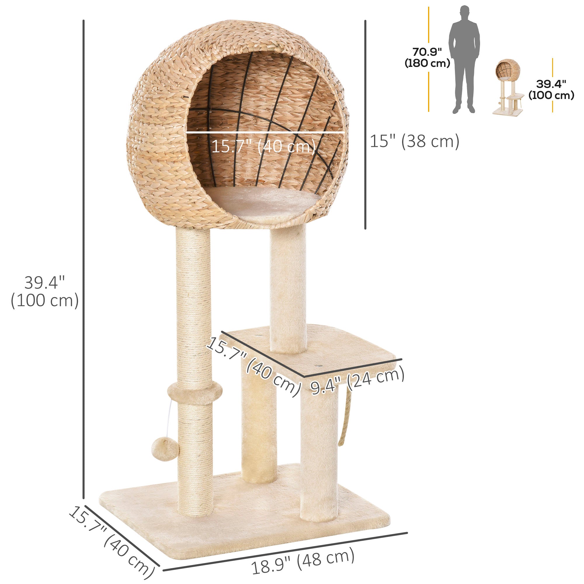 Modern Cat Tree, Multi-Level Cat Tower with Sisal Scratching Post Condo and Hanging Rope 39" H, Beige