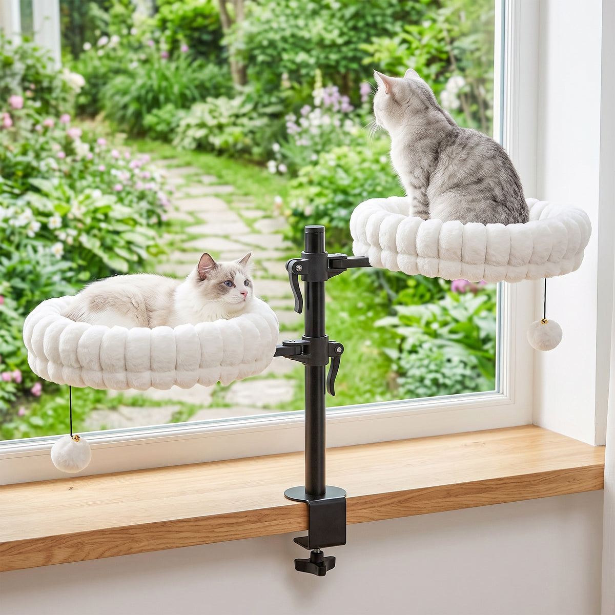 Cat Desk Bed for Indoor, Cat Hammock with 2 Removable Beds, 2 Hanging Balls for Desk, Windows, 360° Rotating & Height Adjustable, Holds Up to 24 lbs, White