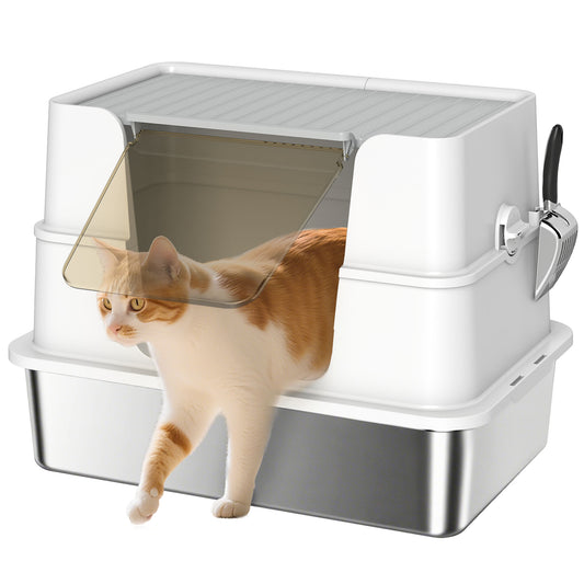 XL Stainless Steel Cat Litter Box with Lid, Extra Large Covered Cat Litter Box for Indoor Kittens with Filp Top, Scoop, Easy Clean, Non-Sticky, No Leakage, Light Grey