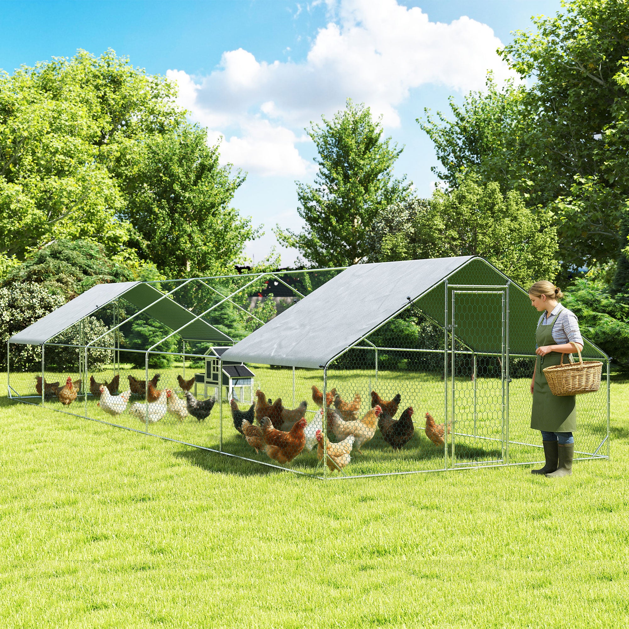 Large Chicken Coop Metal Chicken Run with Waterproof and Anti-UV Cover, Spire Shaped Walk in Fence Cage Hen House for 30-40 Hens, for Outdoor Yard Farm, 1" Tube Diameter, 33' x 10' x 6.4'