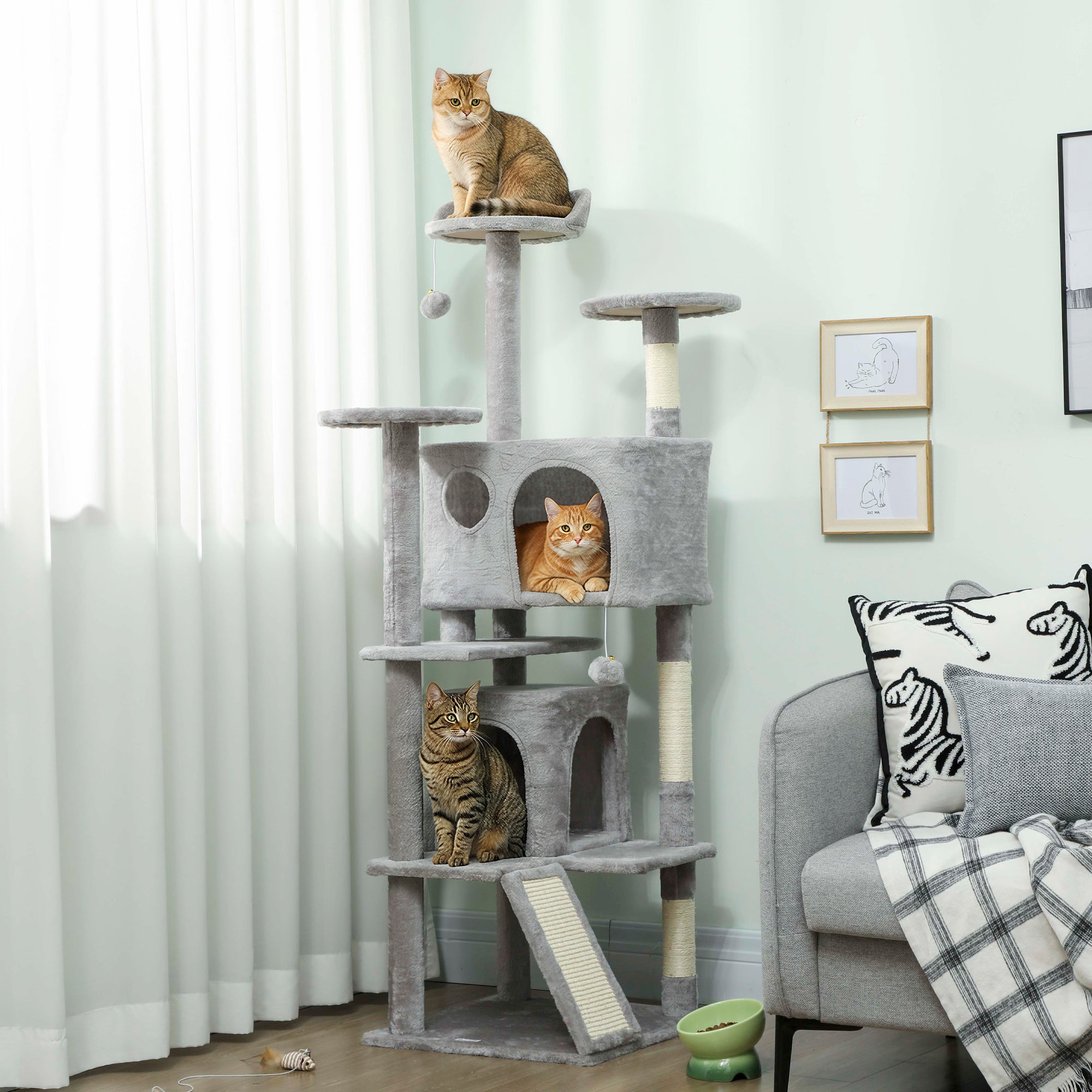 63" Cat Tree, Cat Tower for Indoor Cats with Scratching Posts, Cat Condos, Bed, Platforms, Ramp, Toy Ball, Cat Activity Center, Light Grey
