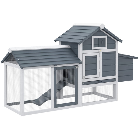 PawHut 59" Small Wooden Chicken Coop Hen House Poultry Cage for Outdoor Backyard with 2 Doors, Nesting Box and Removable Tray, White