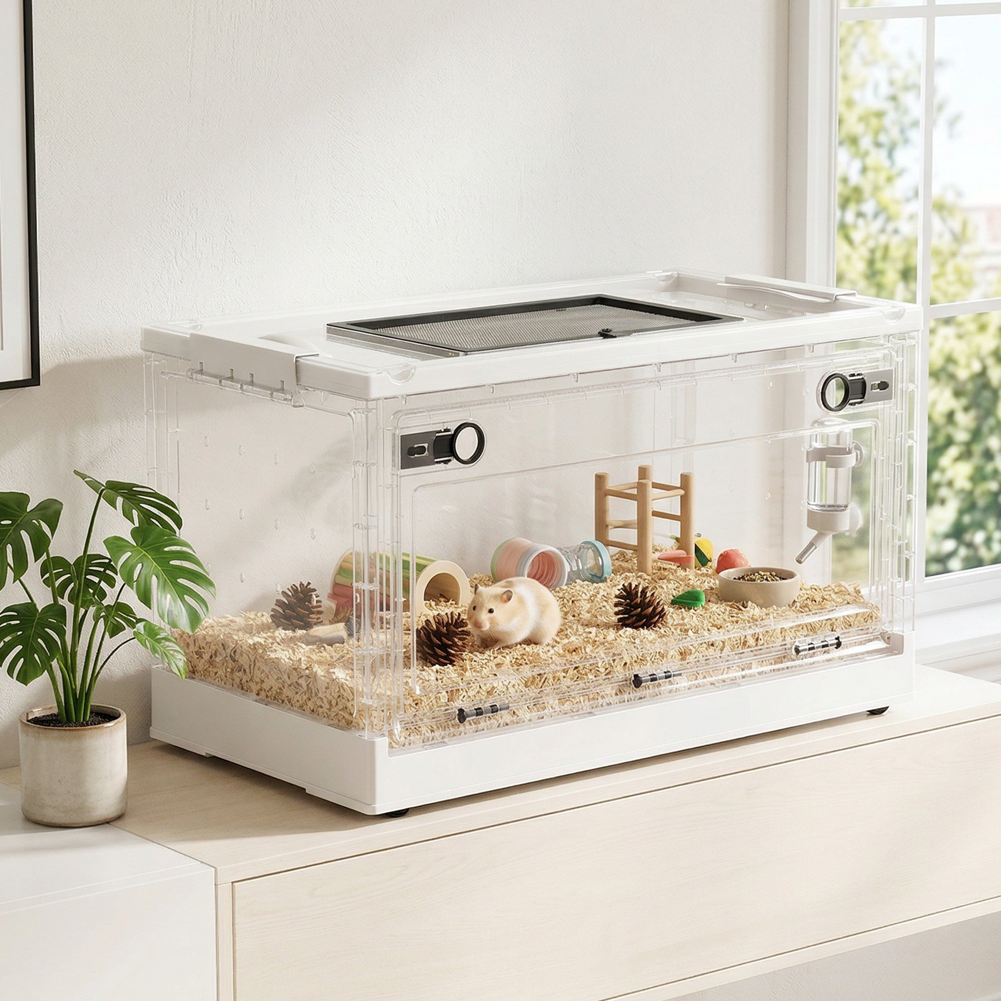Hamster Cage, Stackable Small Animal Cage with Front Door, Ventilated Gebril Habitat for Dwarf Hamsters, Gerbils, Mice, 22" x 13" x 12", White