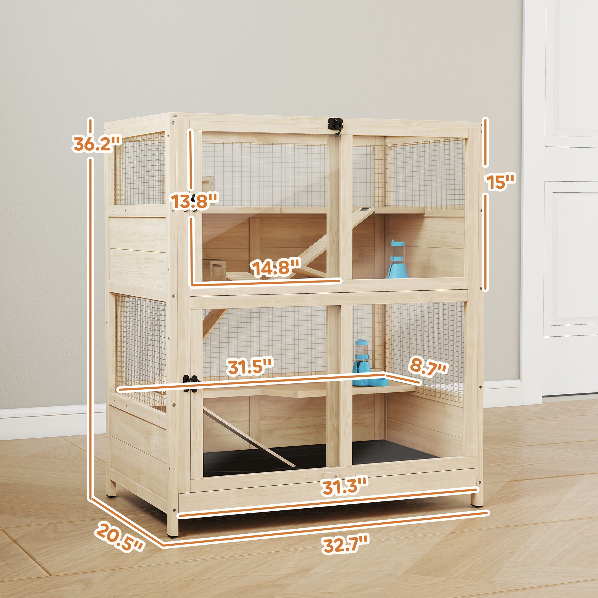 Wooden Hamster Cage, 4 Tier Small Animal Cage with Mesh Flip Roof, Pull-Out Tray, Huts, Seesaws, Ramps and Water Bottles, Hamster Habitat for Dwarf Syrian Mice Gerbil, 33" x 21" x 36"
