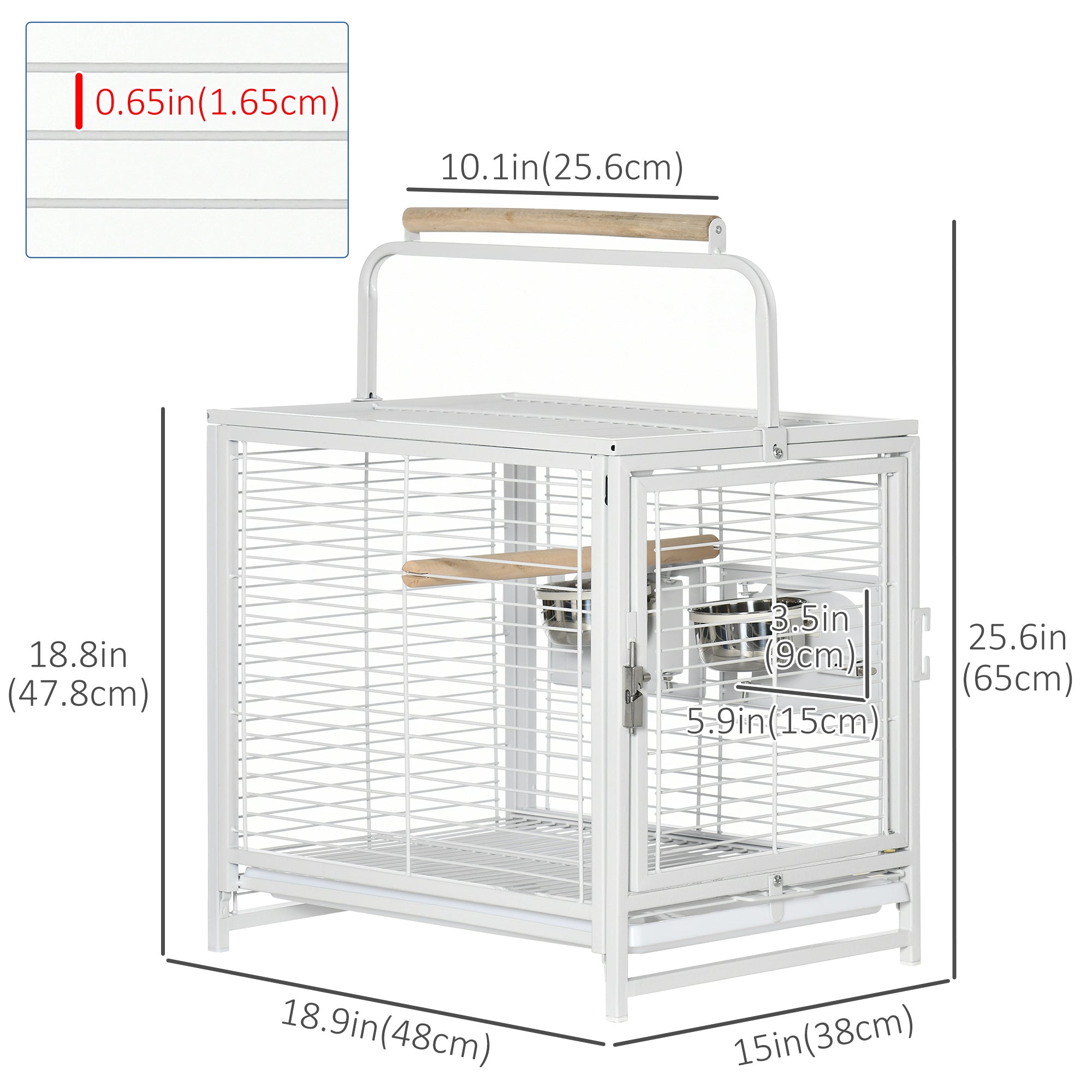 Bird Travel Carrier Cage for Parrots Conures African Grey Cockatiel Parakeets with Stand Perch, Stainless Steel Bowls, Pull Out Tray, White