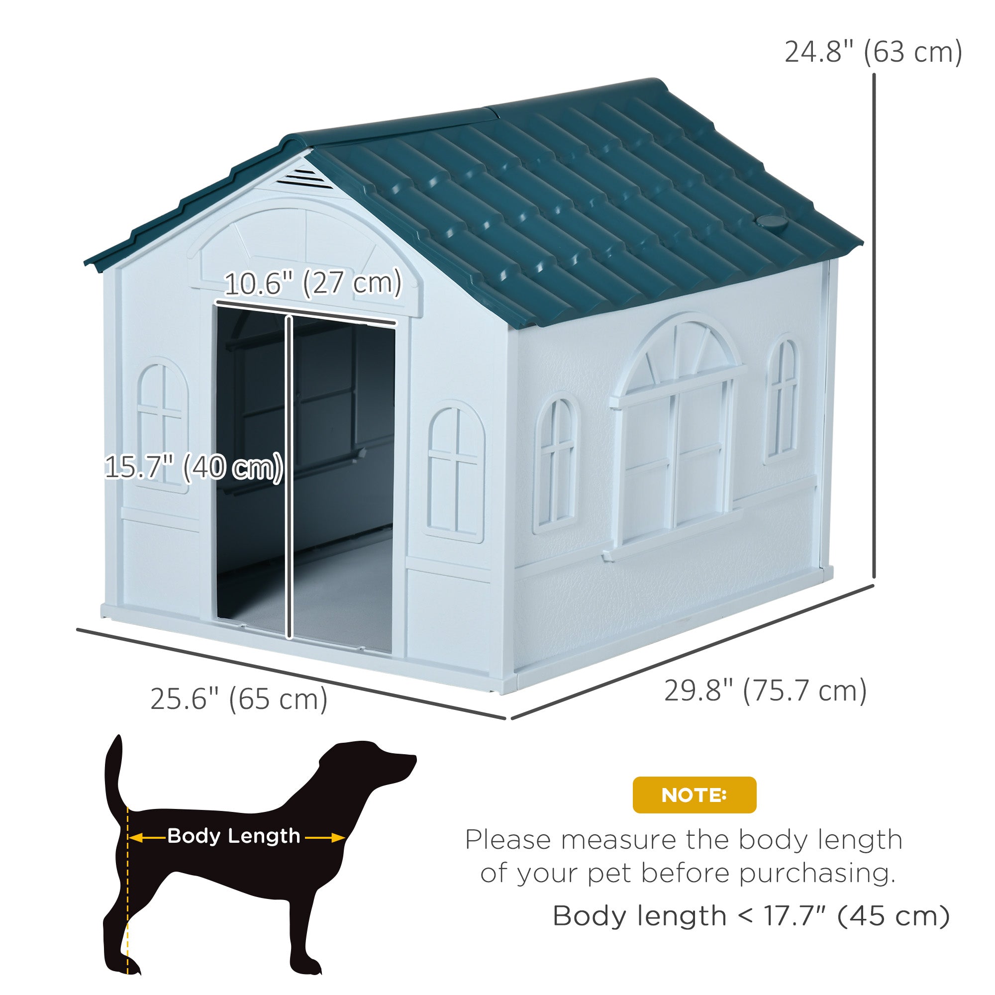 26" Plastic Dog House Outdoor, Waterproof Dog Kennel with Air Vents, Pet Shelter for Small Medium Dogs, Blue