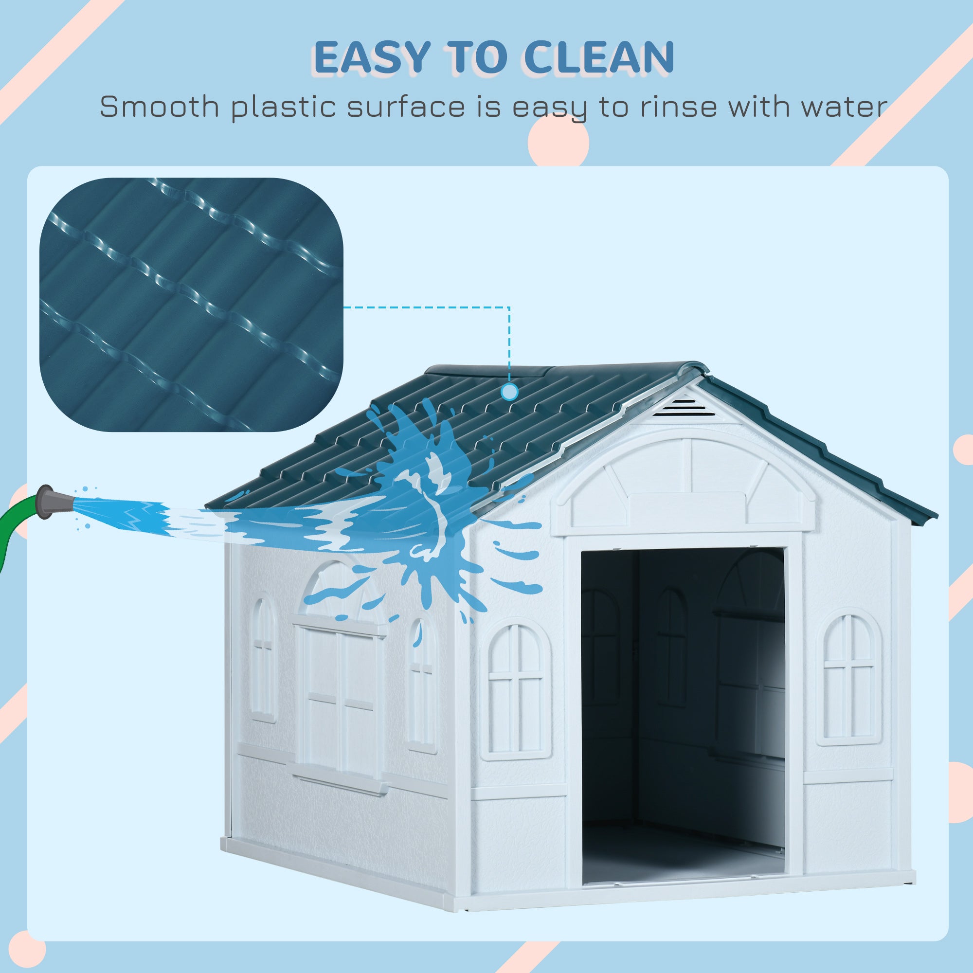 26" Plastic Dog House Outdoor, Waterproof Dog Kennel with Air Vents, Pet Shelter for Small Medium Dogs, Blue