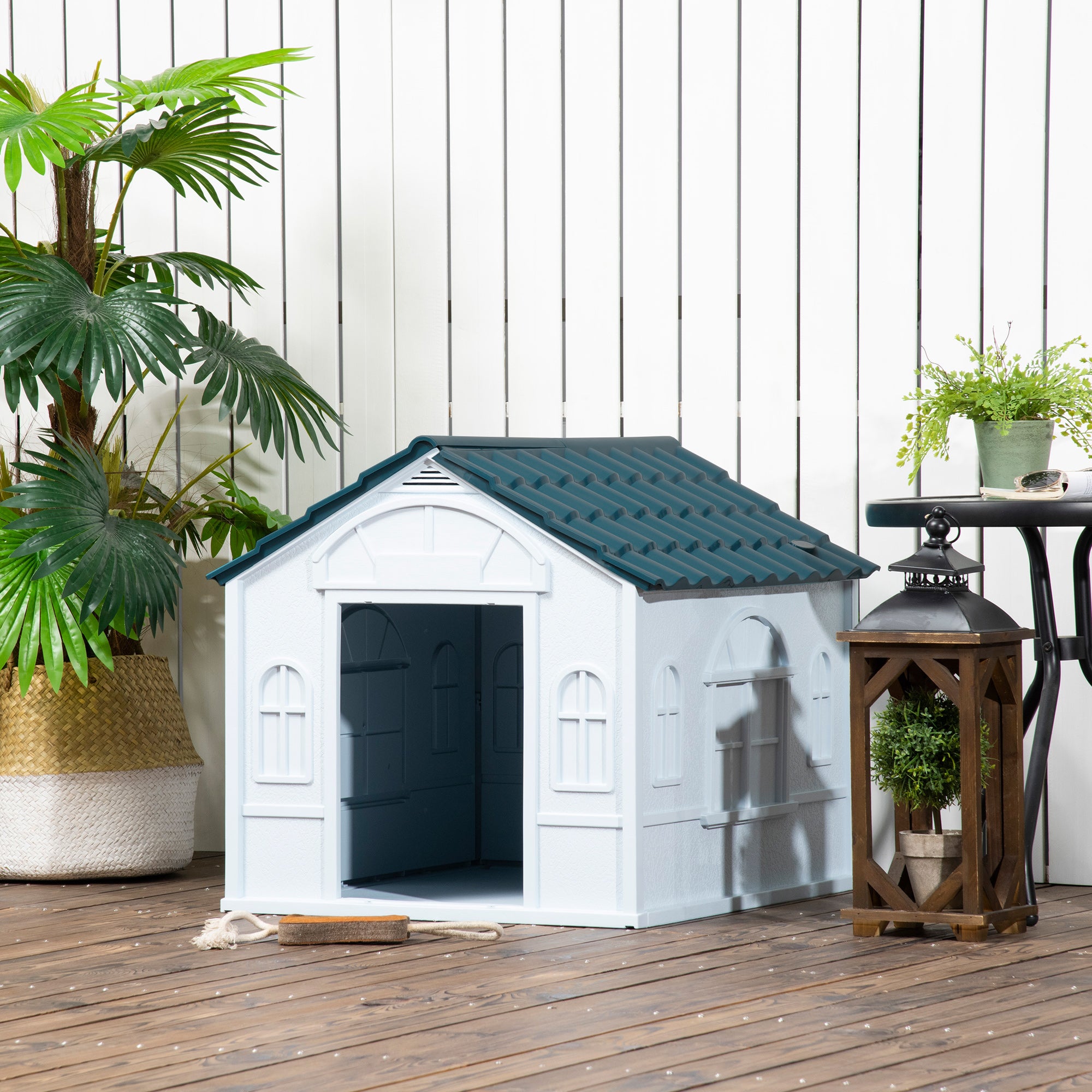 26" Plastic Dog House Outdoor, Waterproof Dog Kennel with Air Vents, Pet Shelter for Small Medium Dogs, Blue