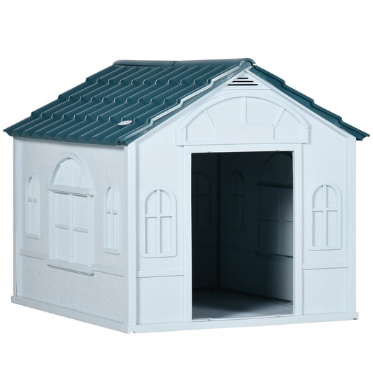 26" Plastic Dog House Outdoor, Waterproof Dog Kennel with Air Vents, Pet Shelter for Small Medium Dogs, Blue