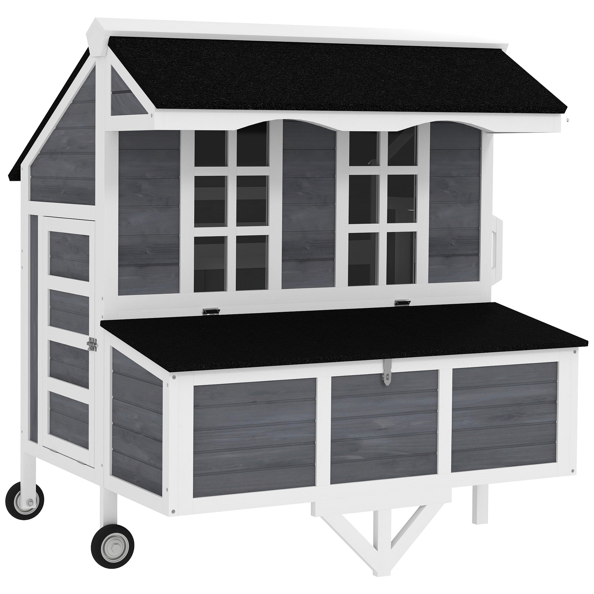 43" Chicken Coop with Wheels, Mobile Chicken House with Nesting Box, Windows, Pull-out Tray, Perches, Wooden Chicken Tractor for 2-4 Hens, Rabbits, for Backyard, Patio, Gray
