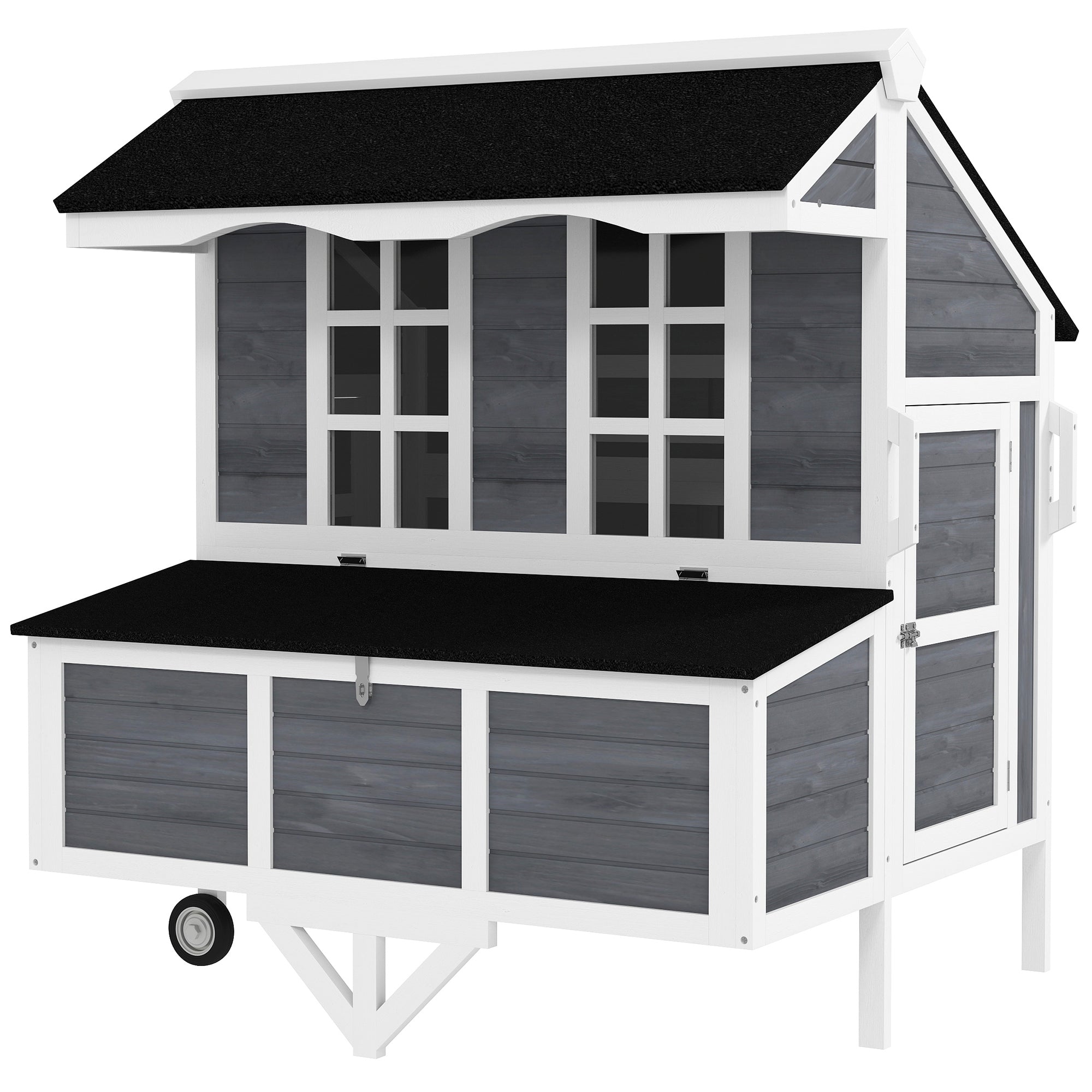 43" Chicken Coop with Wheels, Mobile Chicken House with Nesting Box, Windows, Pull-out Tray, Perches, Wooden Chicken Tractor for 2-4 Hens, Rabbits, for Backyard, Patio, Gray