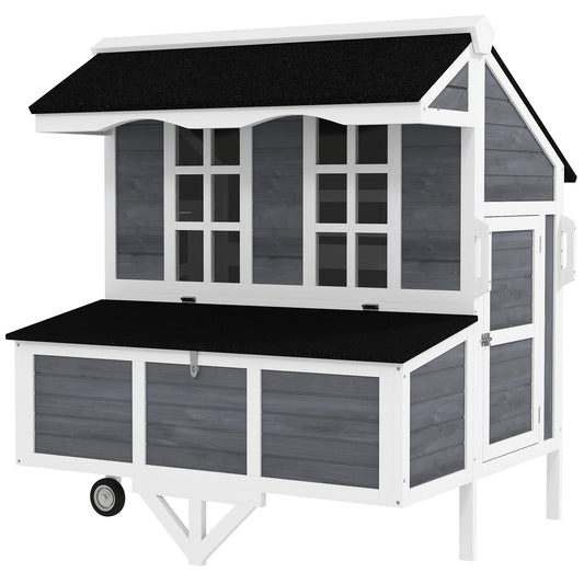 43" Chicken Coop with Wheels, Mobile Chicken House with Nesting Box, Windows, Pull-out Tray, Perches, Wooden Chicken Tractor for 2-4 Hens, Rabbits, for Backyard, Patio, Gray