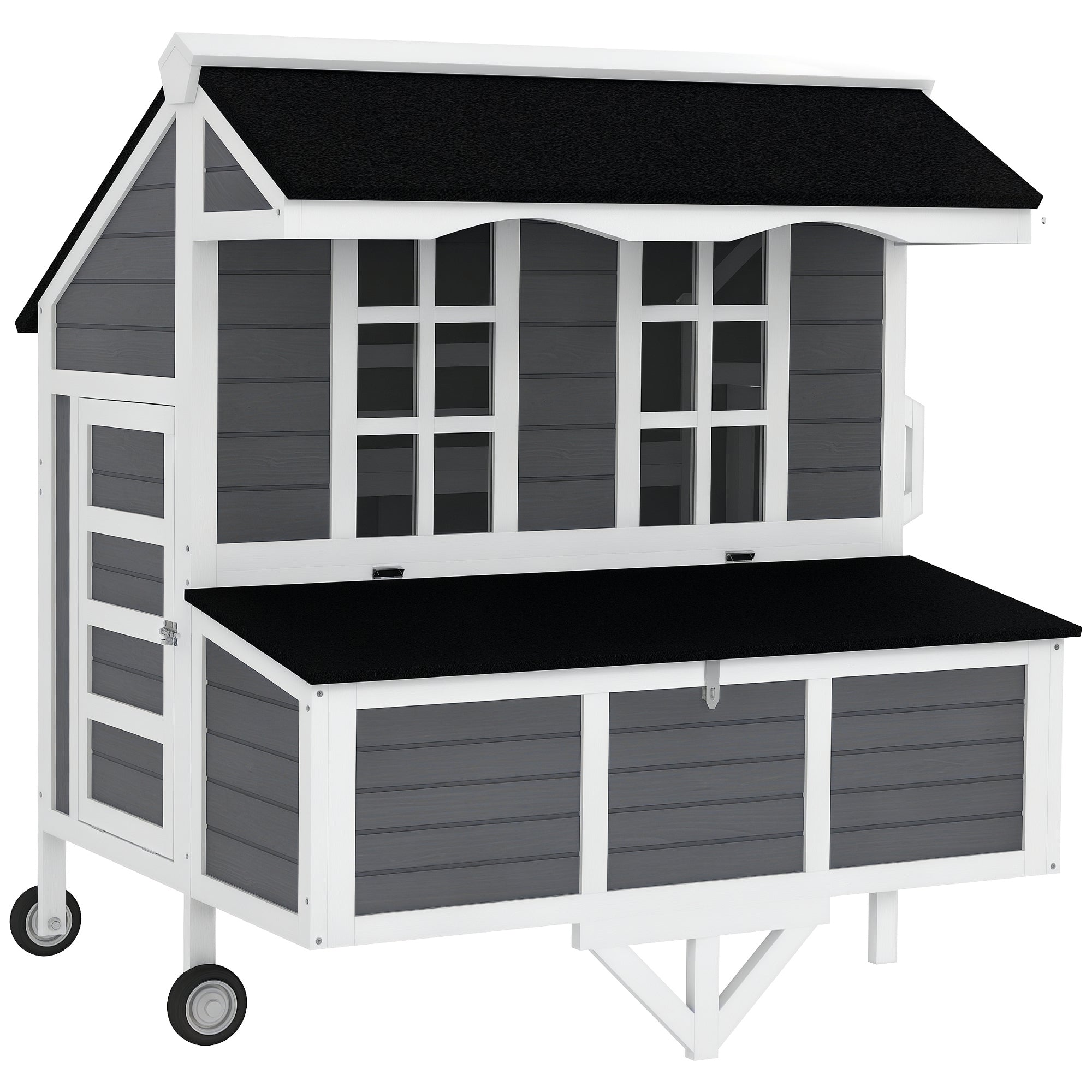 43" Chicken Coop with Wheels, Mobile Chicken House with Nesting Box, Windows, Pull-out Tray, Perches, Wooden Chicken Tractor for 2-4 Hens, Rabbits, for Backyard, Patio, Gray