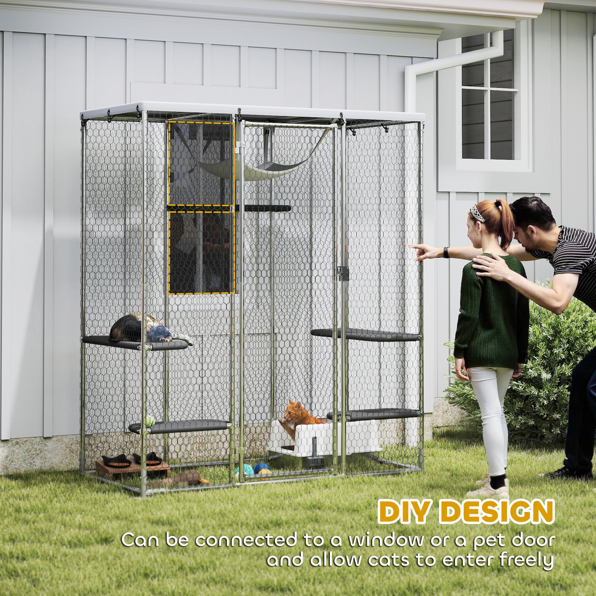 Large Catio Outdoor Cat Enclosure, Galvanized Steel Walk-in Cat Cage for Multiple Kittens, with Waterproof Cover, 5 Adjustable Platforms, Hammock, Metal Chicken Coop Run