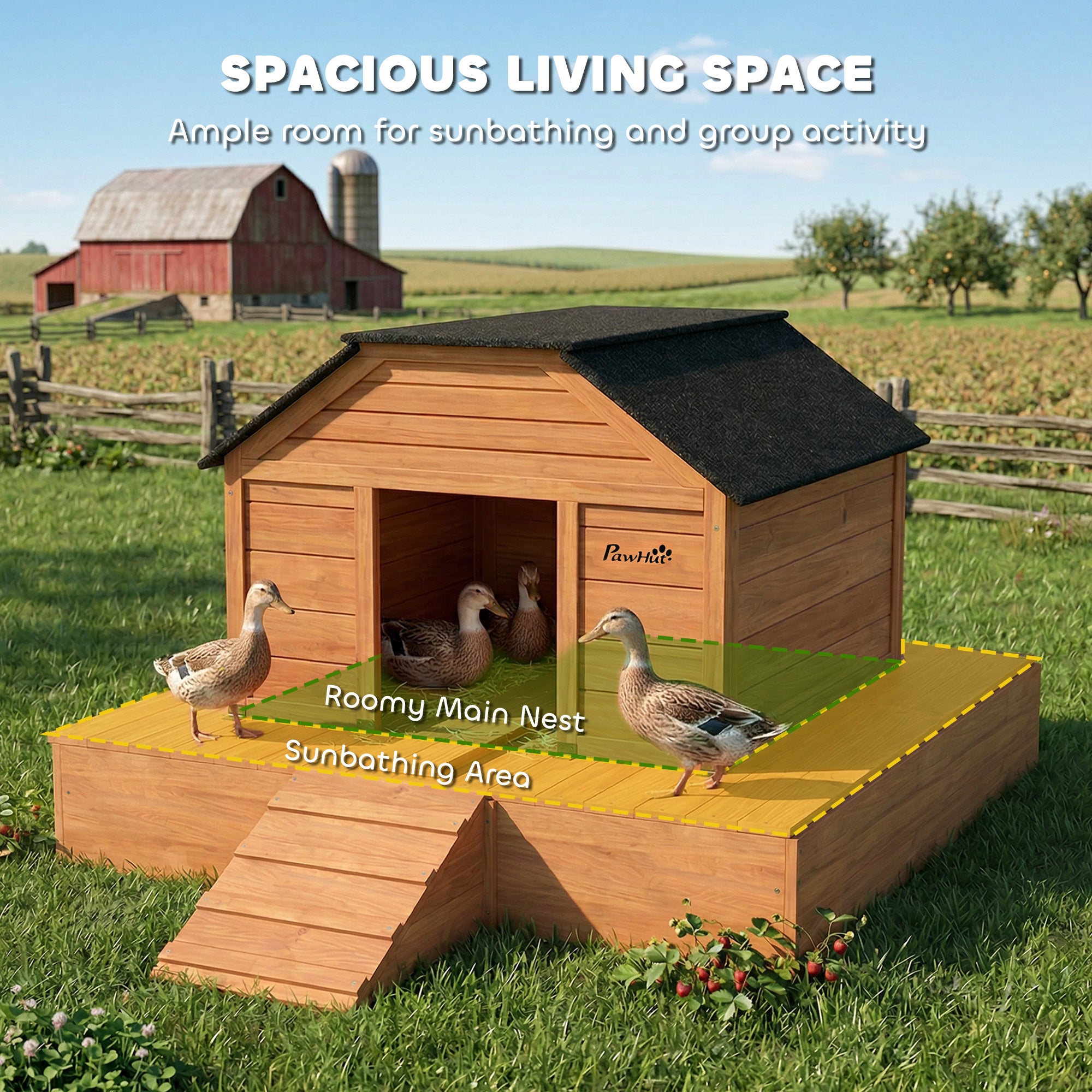 Floating Duck Coop, Wooden Duck House with Ramp and Waterproof Asphalt Roof, Small Animal House with Dual Openings for 1-2 Poultry, Small Geese, 66" x 43" x 28", Orange