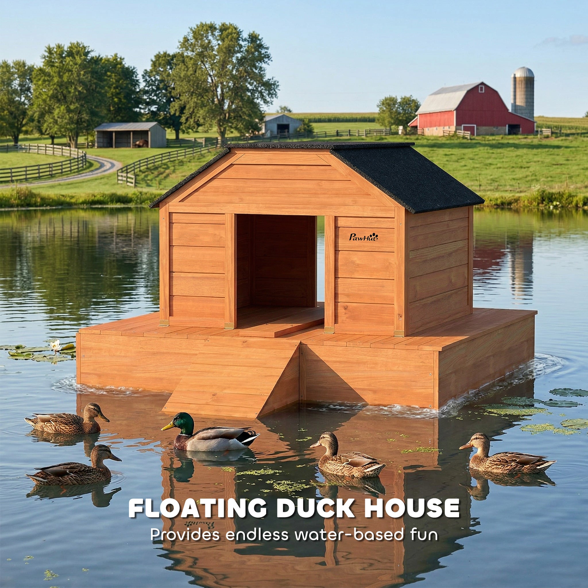 Floating Duck Coop, Wooden Duck House with Ramp and Waterproof Asphalt Roof, Small Animal House with Dual Openings for 1-2 Poultry, Small Geese, 66" x 43" x 28", Orange
