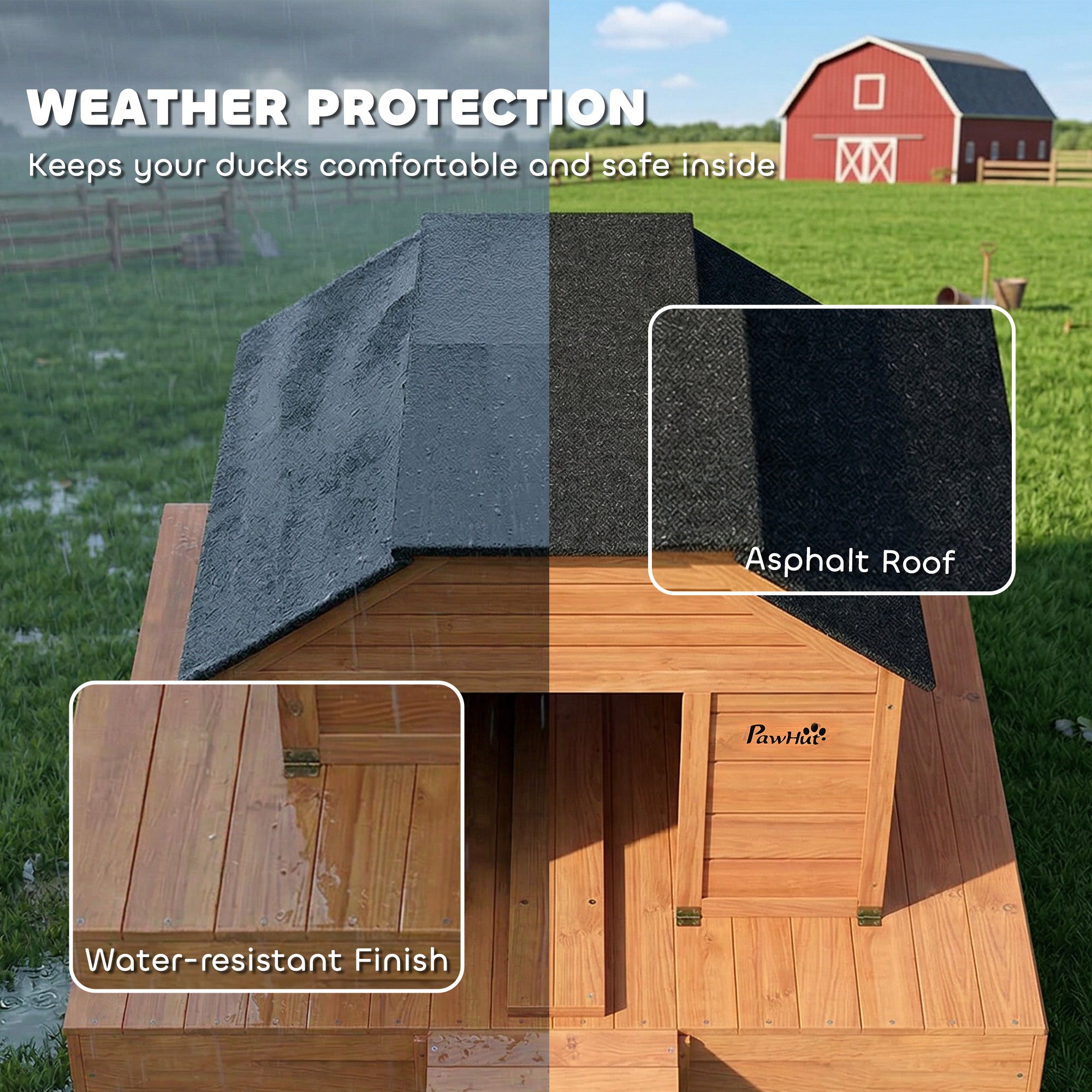 Floating Duck Coop, Wooden Duck House with Ramp and Waterproof Asphalt Roof, Small Animal House with Dual Openings for 1-2 Poultry, Small Geese, 66" x 43" x 28", Orange