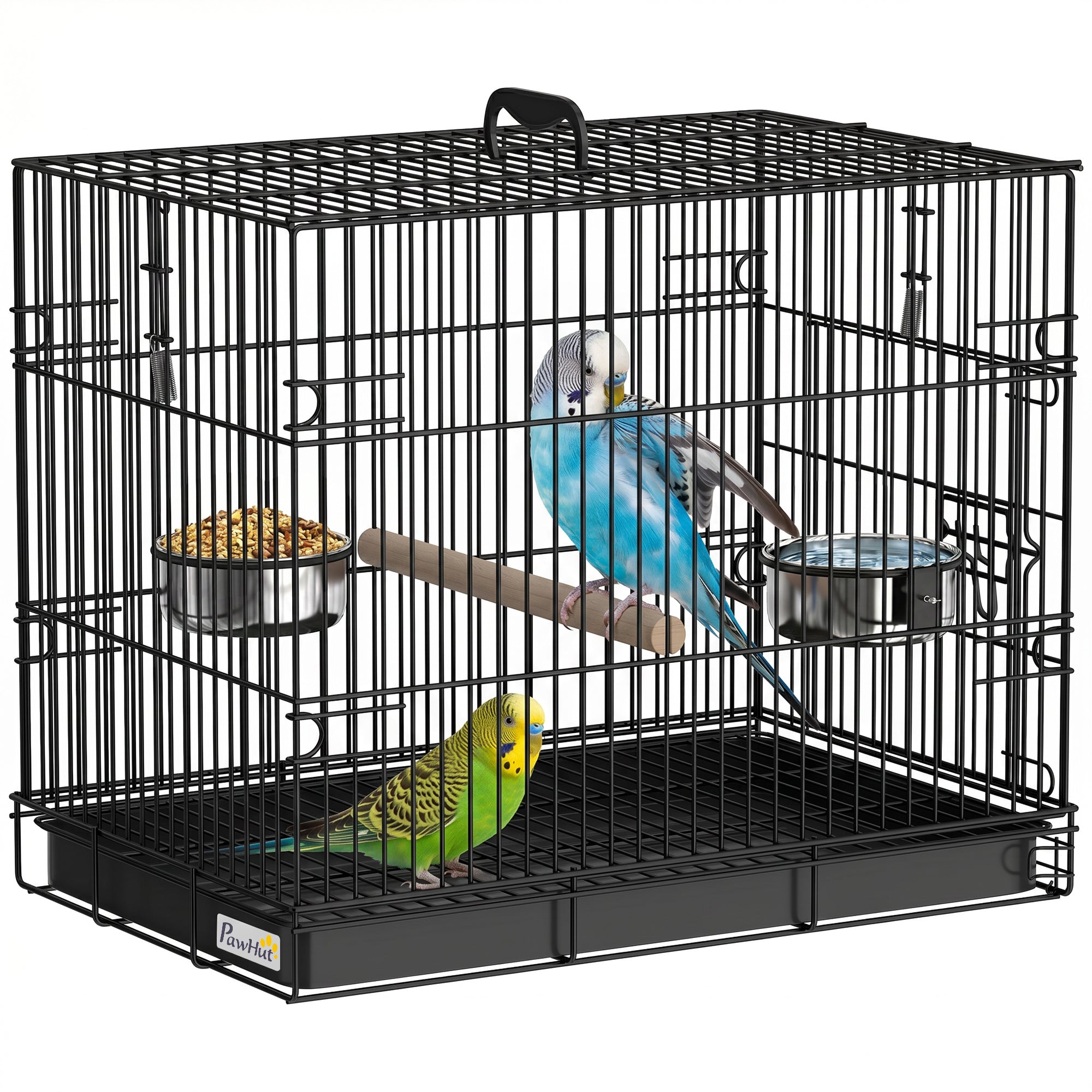 Foldable Bird Cage, Metal Bird Travel Carrier Cage with Wood Perch, Food Bowls, Slide-Out Tray and Handle for Canaries, Finches, Lovebirds, Parakeets, Black