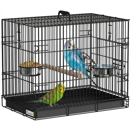 Foldable Bird Cage, Metal Bird Travel Carrier Cage with Wood Perch, Food Bowls, Slide-Out Tray and Handle for Canaries, Finches, Lovebirds, Parakeets, Black