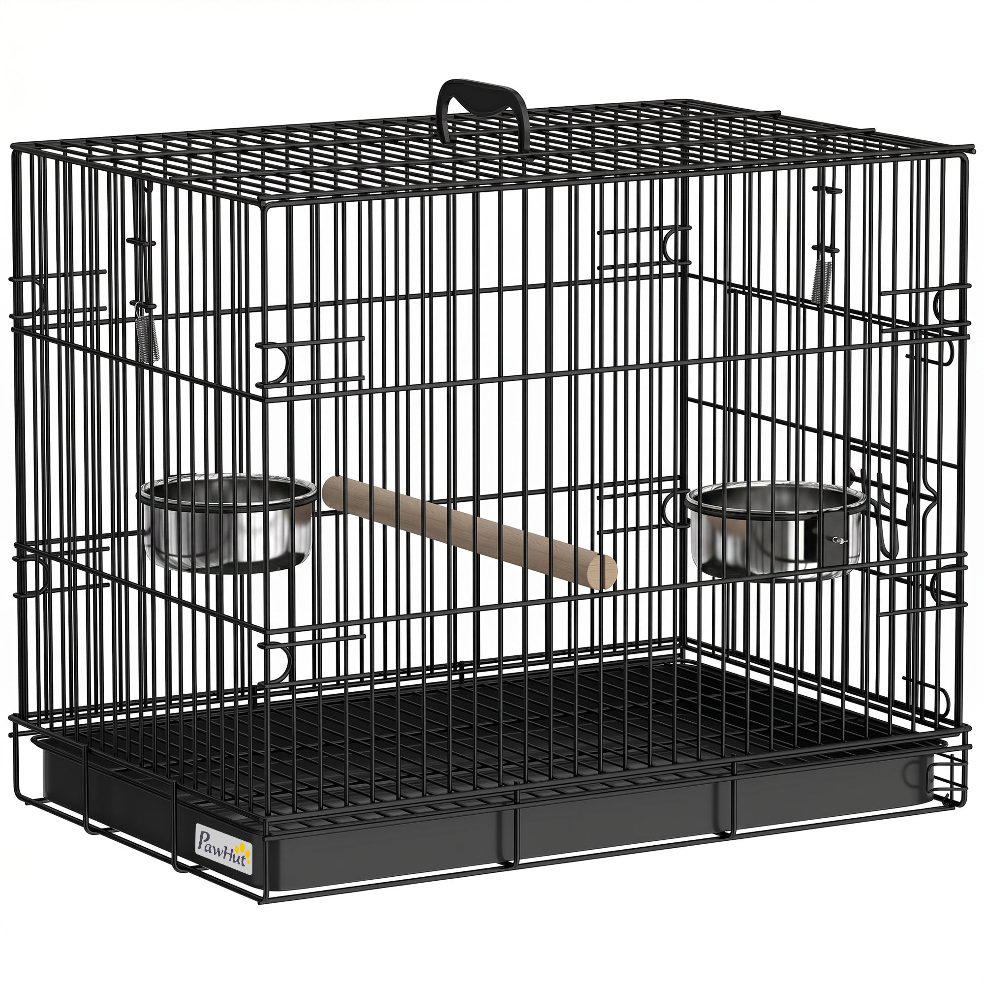 Foldable Bird Cage, Metal Bird Travel Carrier Cage with Wood Perch, Food Bowls, Slide-Out Tray and Handle for Canaries, Finches, Lovebirds, Parakeets, Black