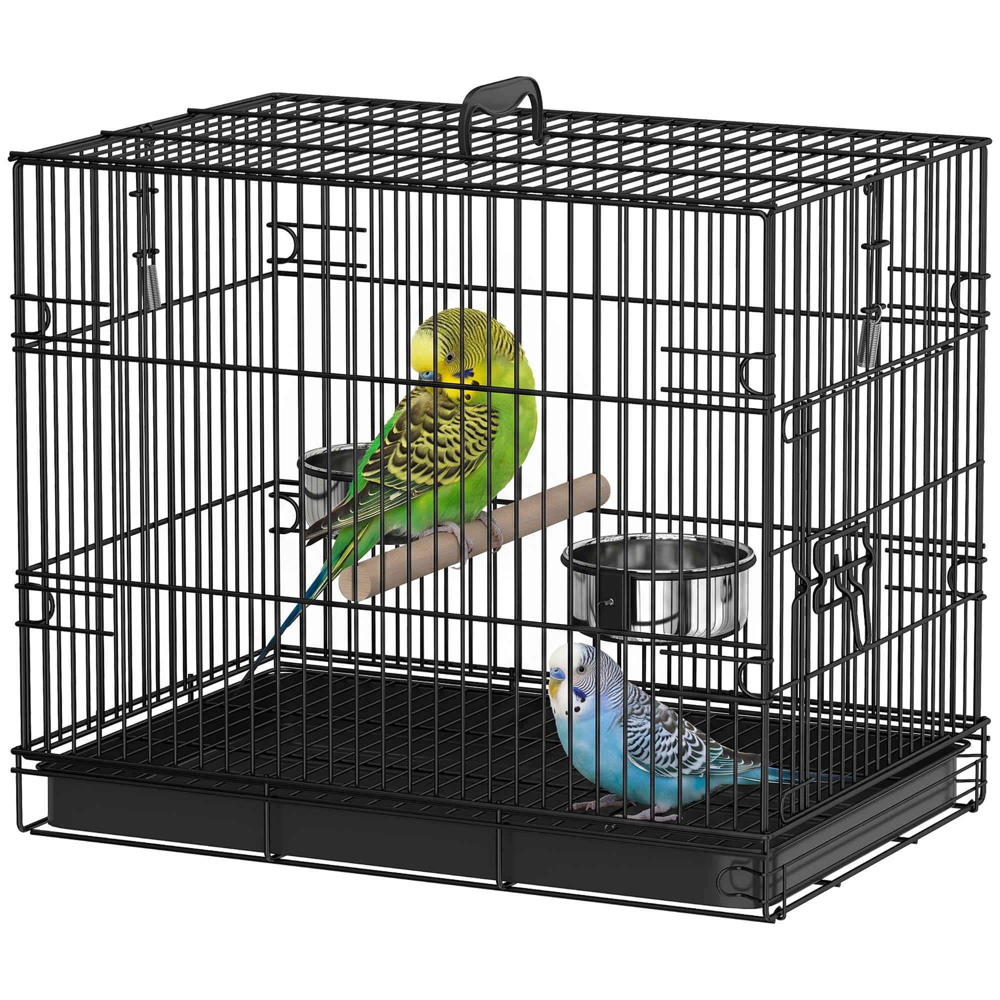 Foldable Bird Cage, Metal Bird Travel Carrier Cage with Wood Perch, Food Bowls, Slide-Out Tray and Handle for Canaries, Finches, Lovebirds, Parakeets, Black