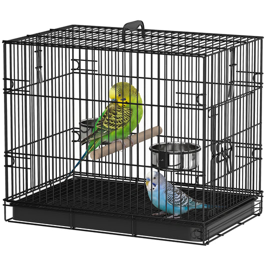Foldable Bird Cage, Metal Bird Travel Carrier Cage with Wood Perch, Food Bowls, Slide-Out Tray and Handle for Canaries, Finches, Lovebirds, Parakeets, Black