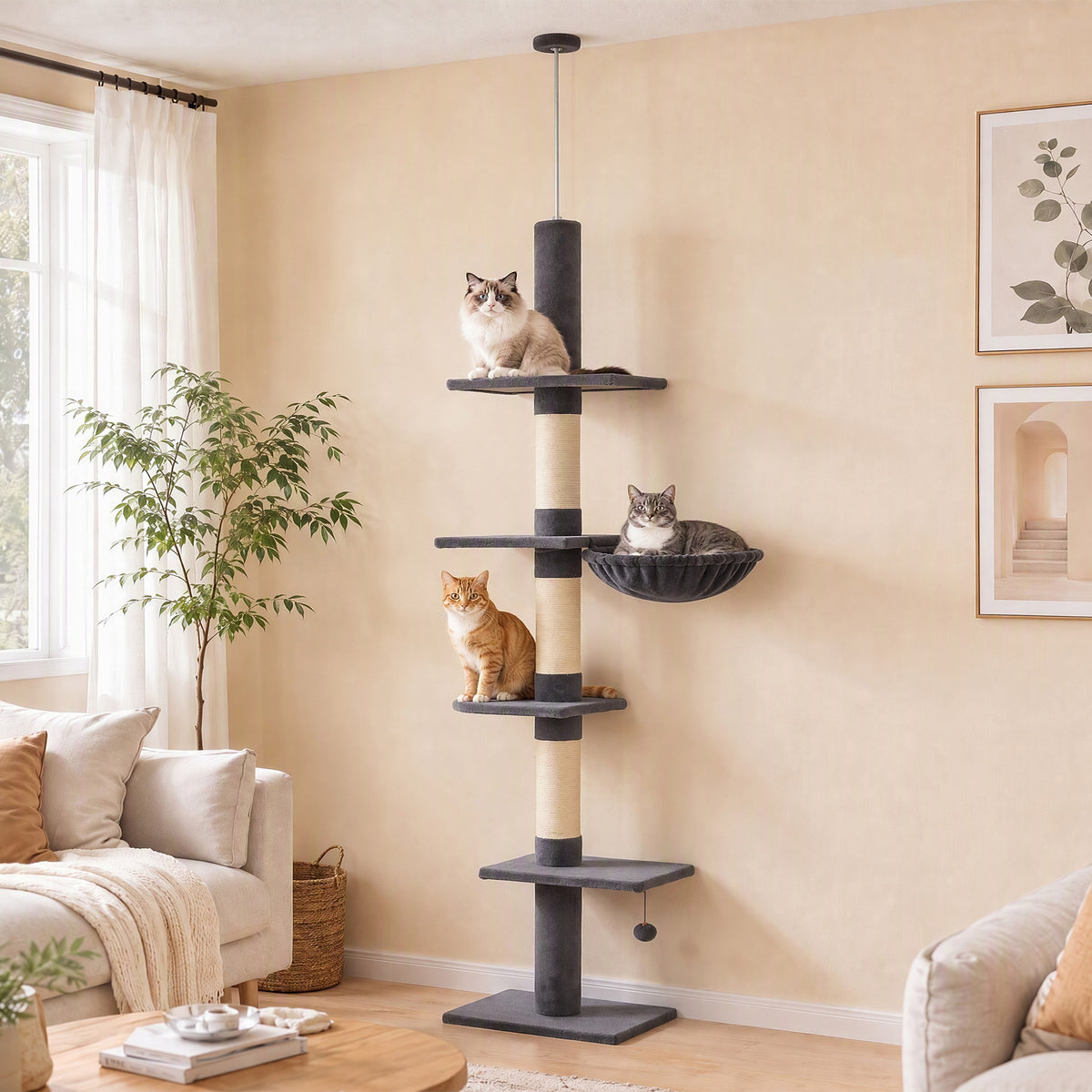Floor-to-Ceiling Cat Tree, 88.6"-100.4" Adjustable 5-Level Cat Tower with Hammock, 3 Sisal Scratching Posts, Toy Ball, Anti-Tip Rope, Dark Grey
