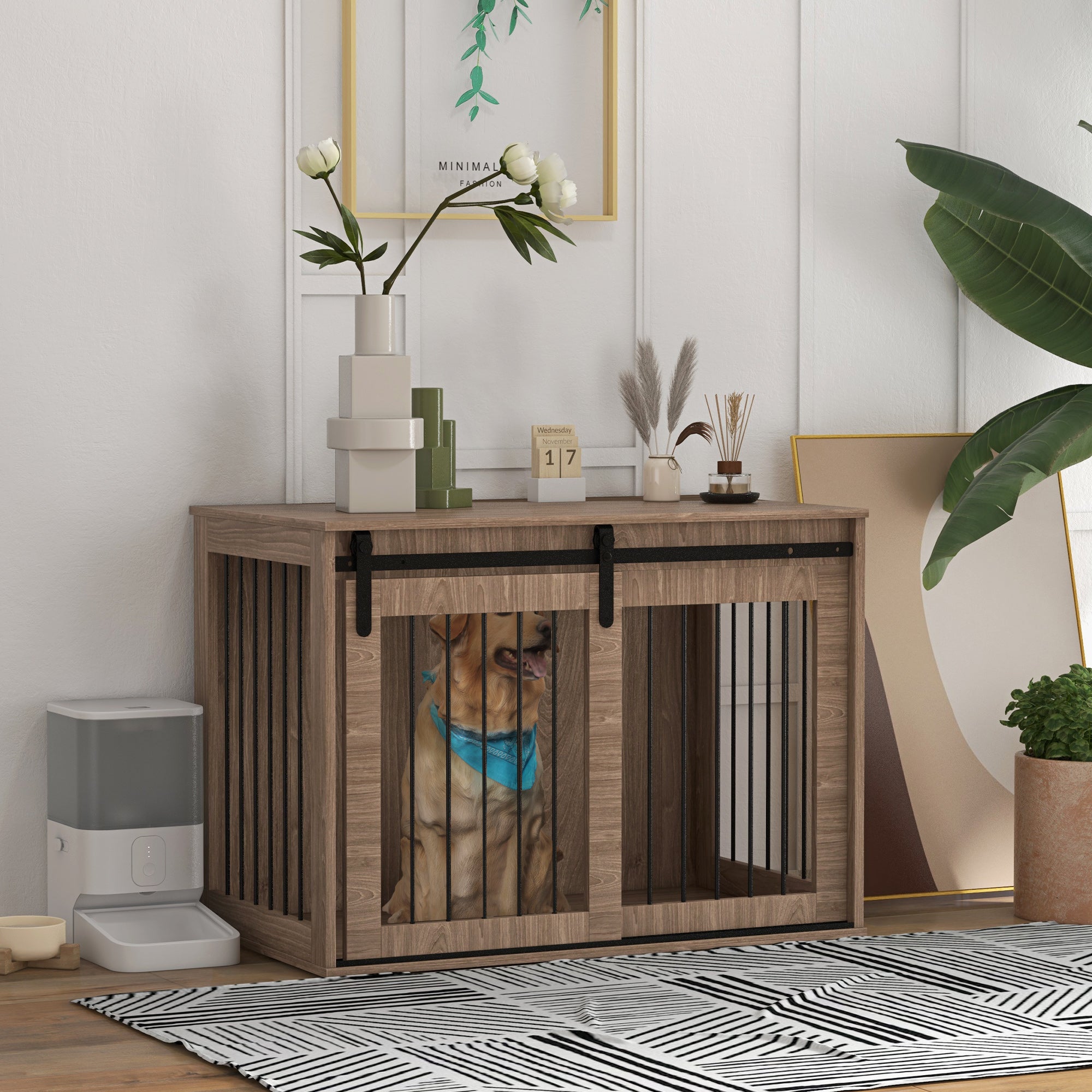 PawHut Dog Crate Furniture, End Table Dog Cage for Large Sized Dog, Dog Kennel Furniture for Indoor Use, 39" x 23" x 24", Walnut Brown