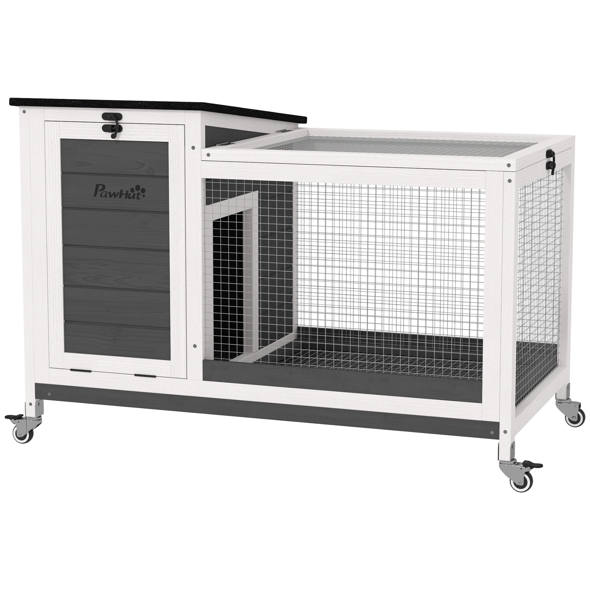 Wooden Rabbit Hutch, Indoor Outdoor Guinea Pig Cage with Pull-Out Tray, Asphalt Openable Roof, Small Animal Cage on Wheels with Run, Dark Grey