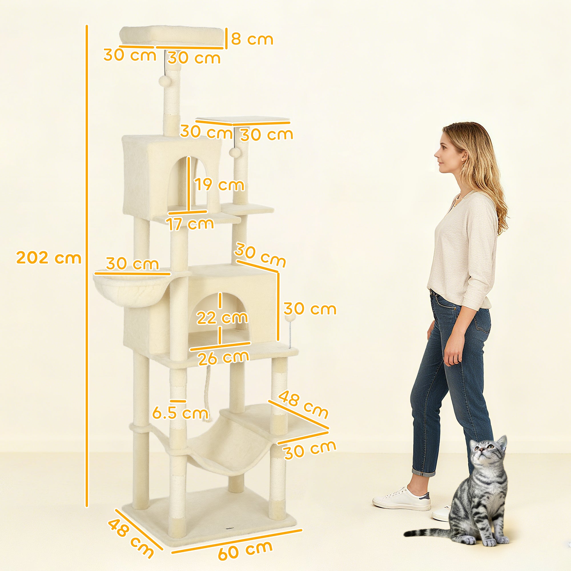 Cat Tree, 202cm Large Cat Tower for Indoor Kittens with 6 Scratching Posts, 2 Condos, 2 Perches, 2 Hammocks, Pompoms, Multi-Level Plush Kitty Activity Centre for Rest and Play, Beige