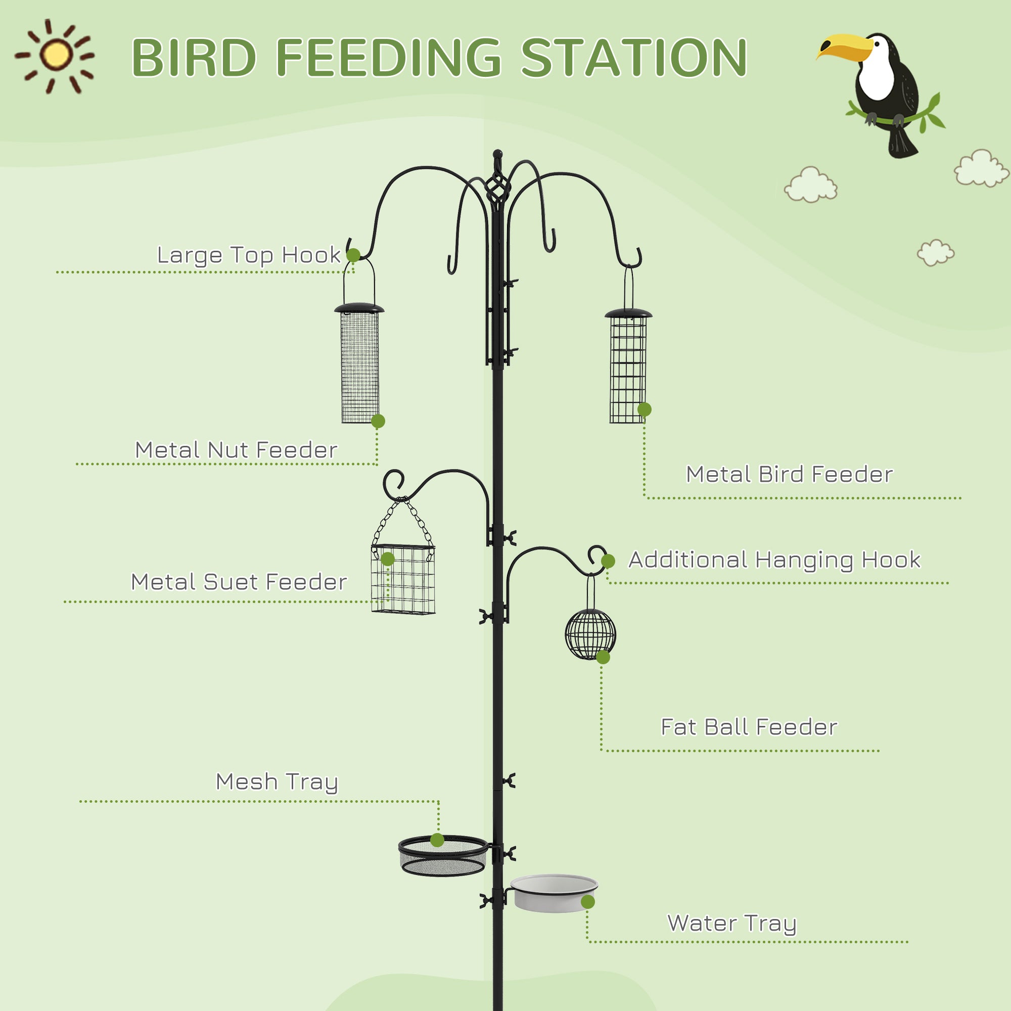 Bird Feeding Station Kit, Wild Bird Feeder Pole with 6 Hooks, 4 Hanging Feeders for Peanuts, Seed, Fat Balls, for Garden, Outdoor, Black