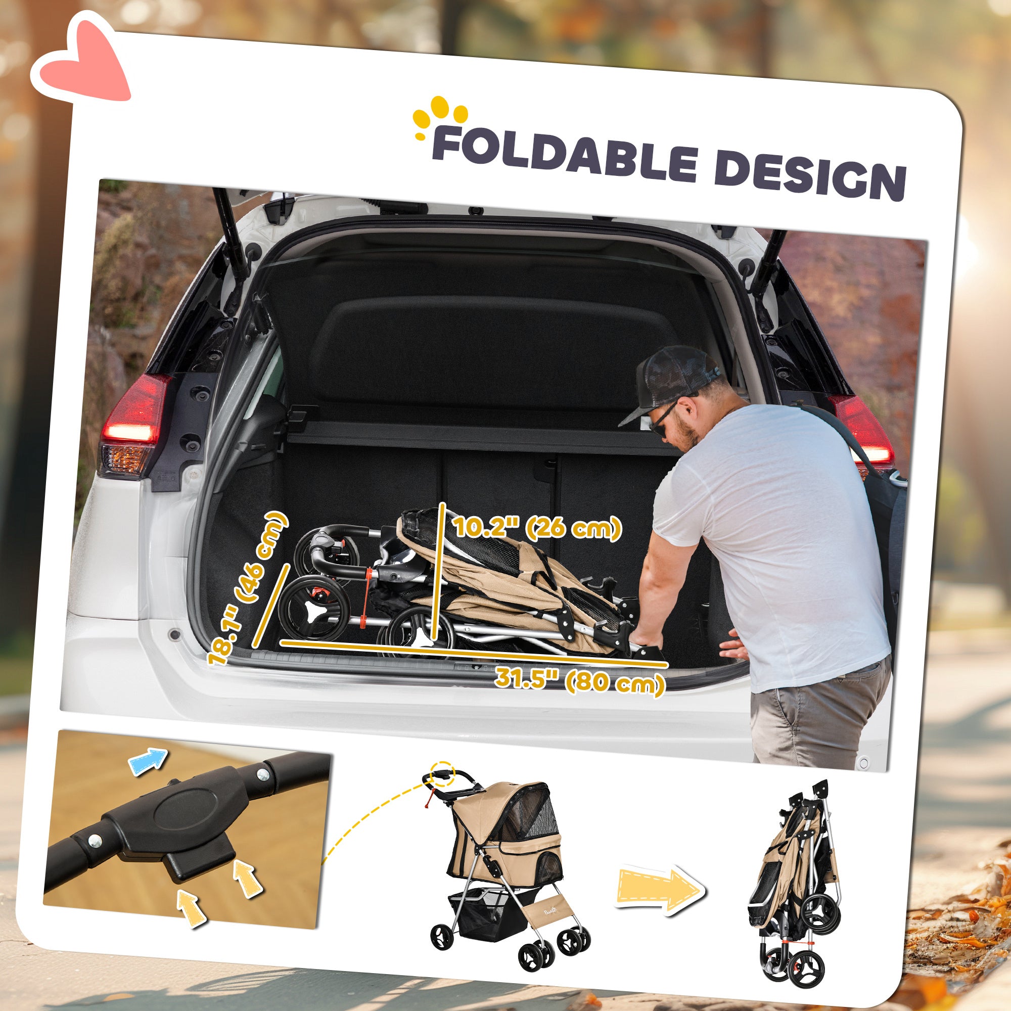 Dog Stroller, One-click Folding Pet Stroller with Cup Holder, 4 Wheels Travel Carrier w/ Brakes, 360° Swiveling Front Wheels, Storage Basket, for XS/Small Dogs Cats, Coffee
