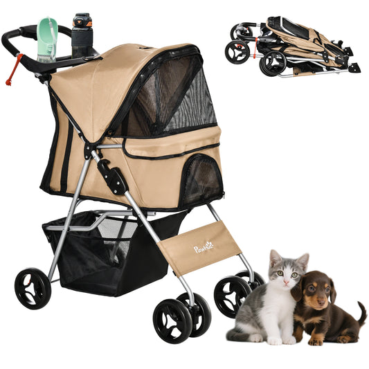 Dog Stroller, One-click Folding Pet Stroller with Cup Holder, 4 Wheels Travel Carrier w/ Brakes, 360° Swiveling Front Wheels, Storage Basket, for XS/Small Dogs Cats, Coffee