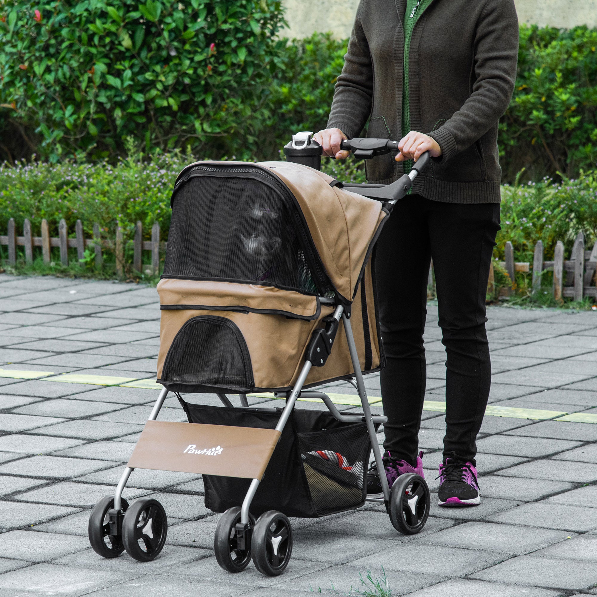 Dog Stroller, One-click Folding Pet Stroller with Cup Holder, 4 Wheels Travel Carrier w/ Brakes, 360° Swiveling Front Wheels, Storage Basket, for XS/Small Dogs Cats, Coffee