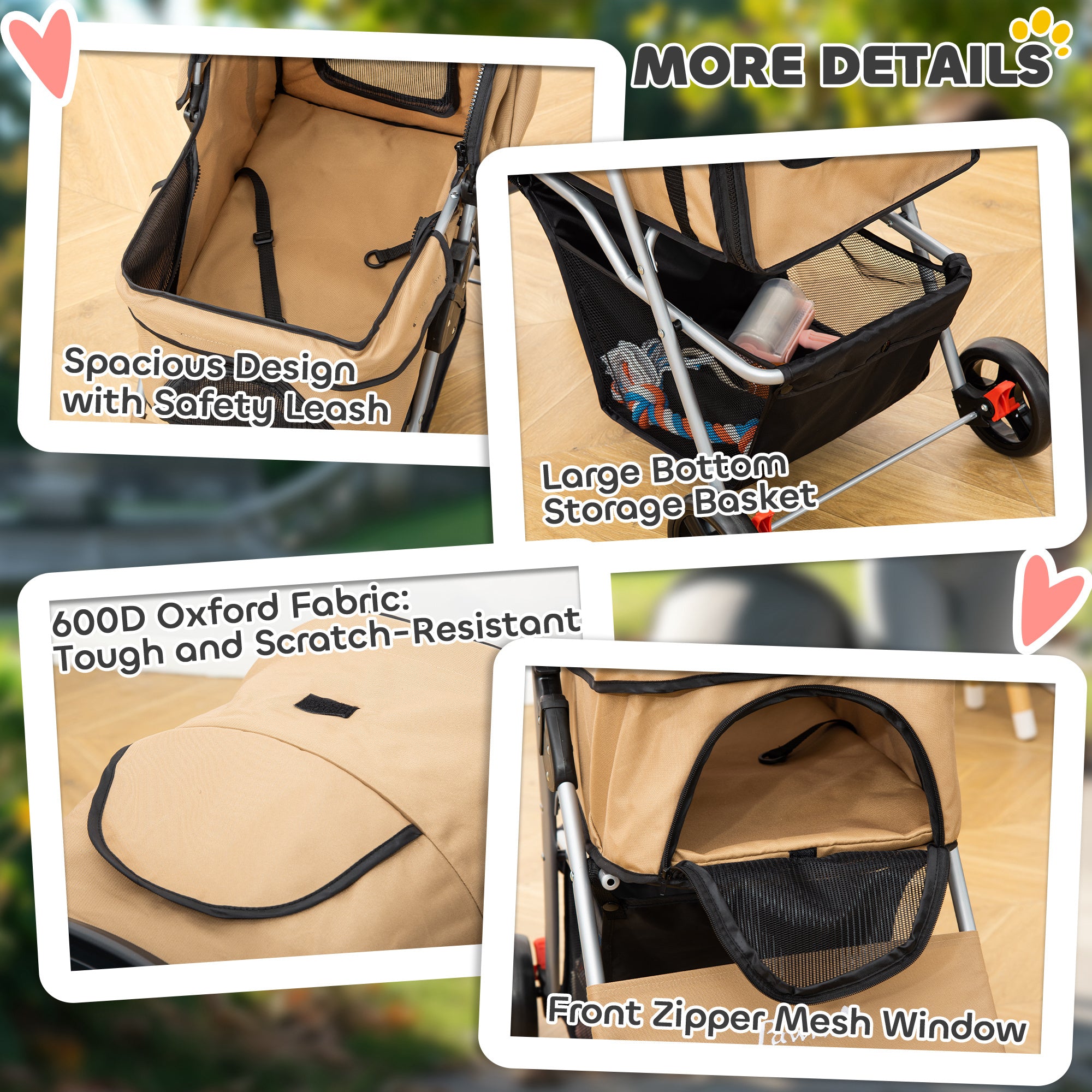 Dog Stroller, One-click Folding Pet Stroller with Cup Holder, 4 Wheels Travel Carrier w/ Brakes, 360° Swiveling Front Wheels, Storage Basket, for XS/Small Dogs Cats, Coffee