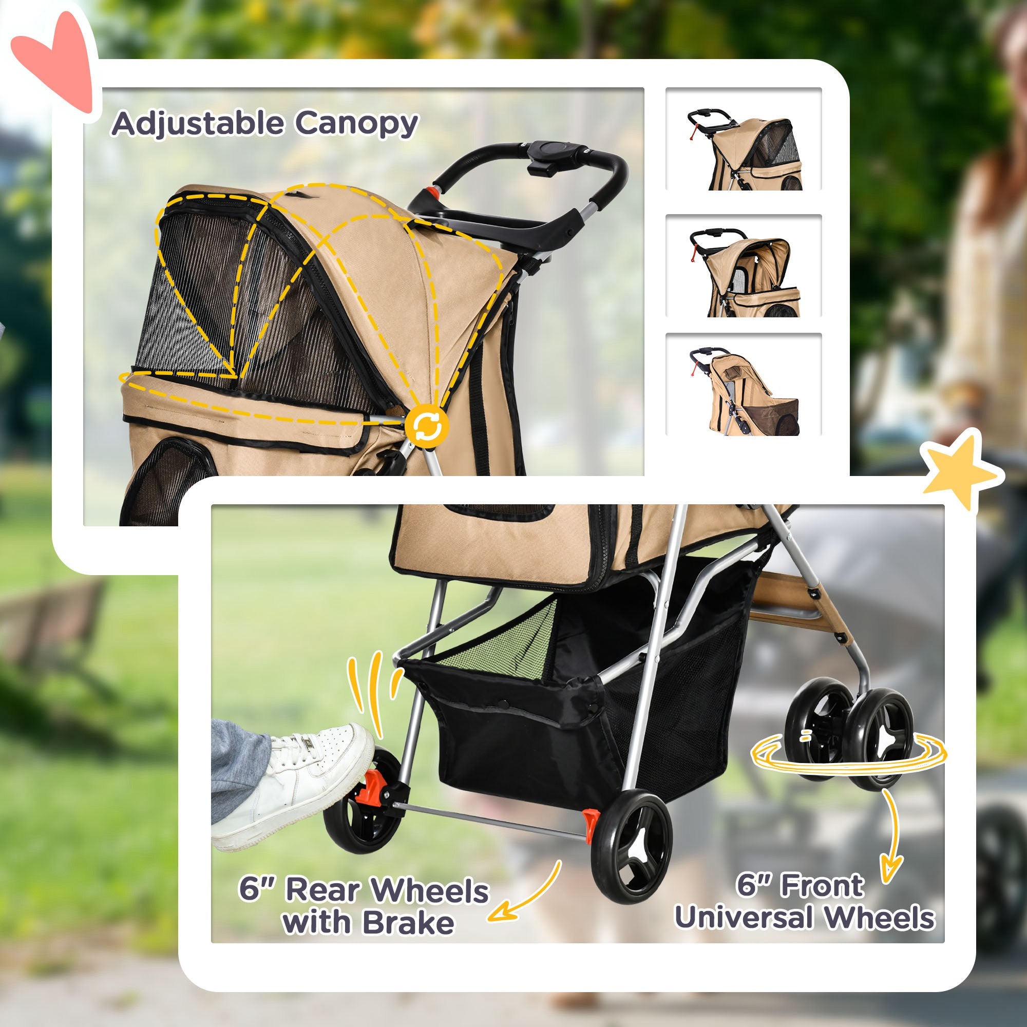 dog stroller 4 wheels PawHut Dog Stroller with One-Click Fold 4-Wheel Brakes Coffee