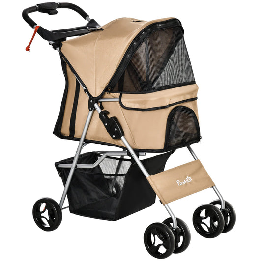Dog Stroller, One-click Folding Pet Stroller with Cup Holder, 4 Wheels Travel Carrier w/ Brakes, 360° Swiveling Front Wheels, Storage Basket, for XS/Small Dogs Cats, Coffee