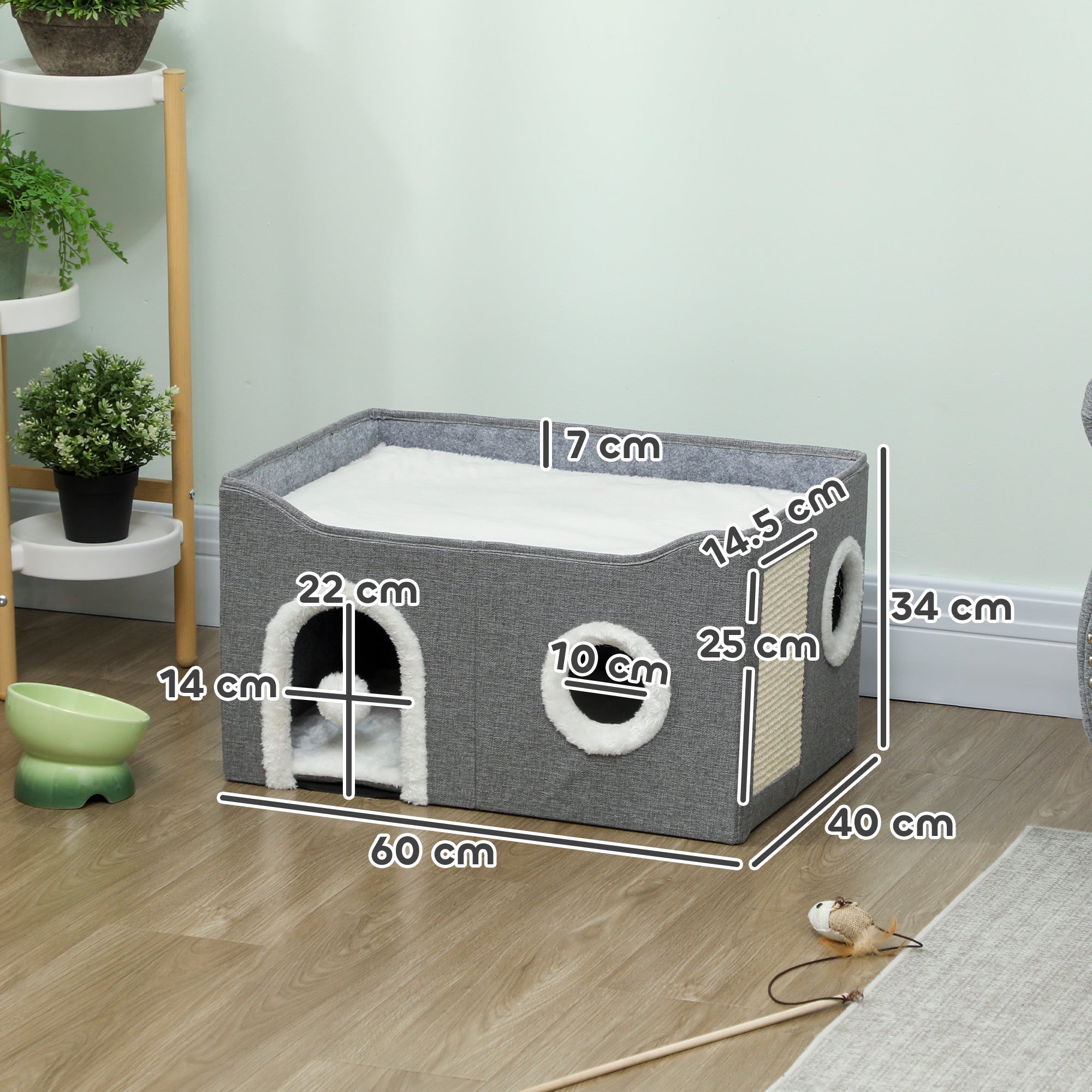 Cat House, Cat Bed for Indoor Pets, Foldable Kitten Cave with Fluffy Ball, Scratch Pad, Kitty Hideaway with Soft Cushions for Small, Medium Cats, Grey